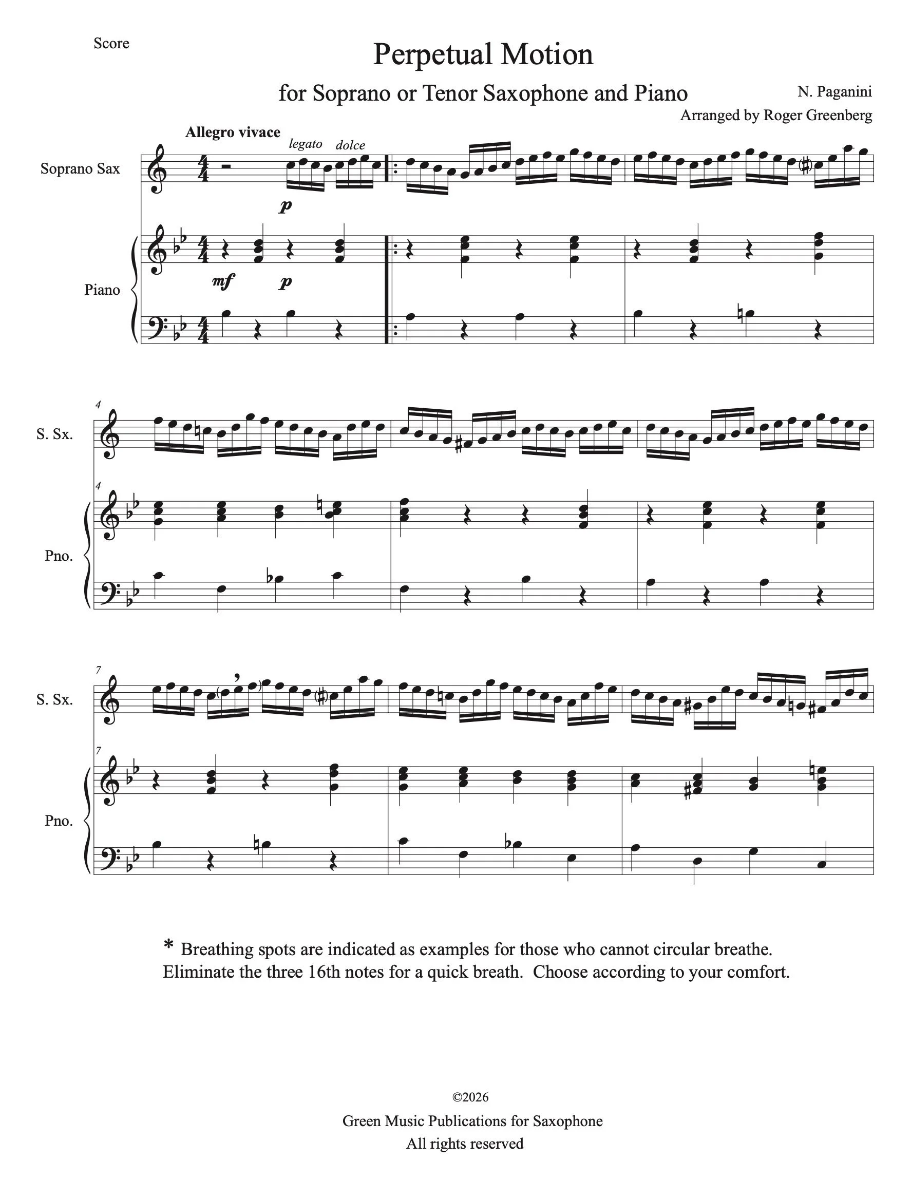 Paganini - Perpetual Motion for Soprano or Tenor Saxophone and Piano