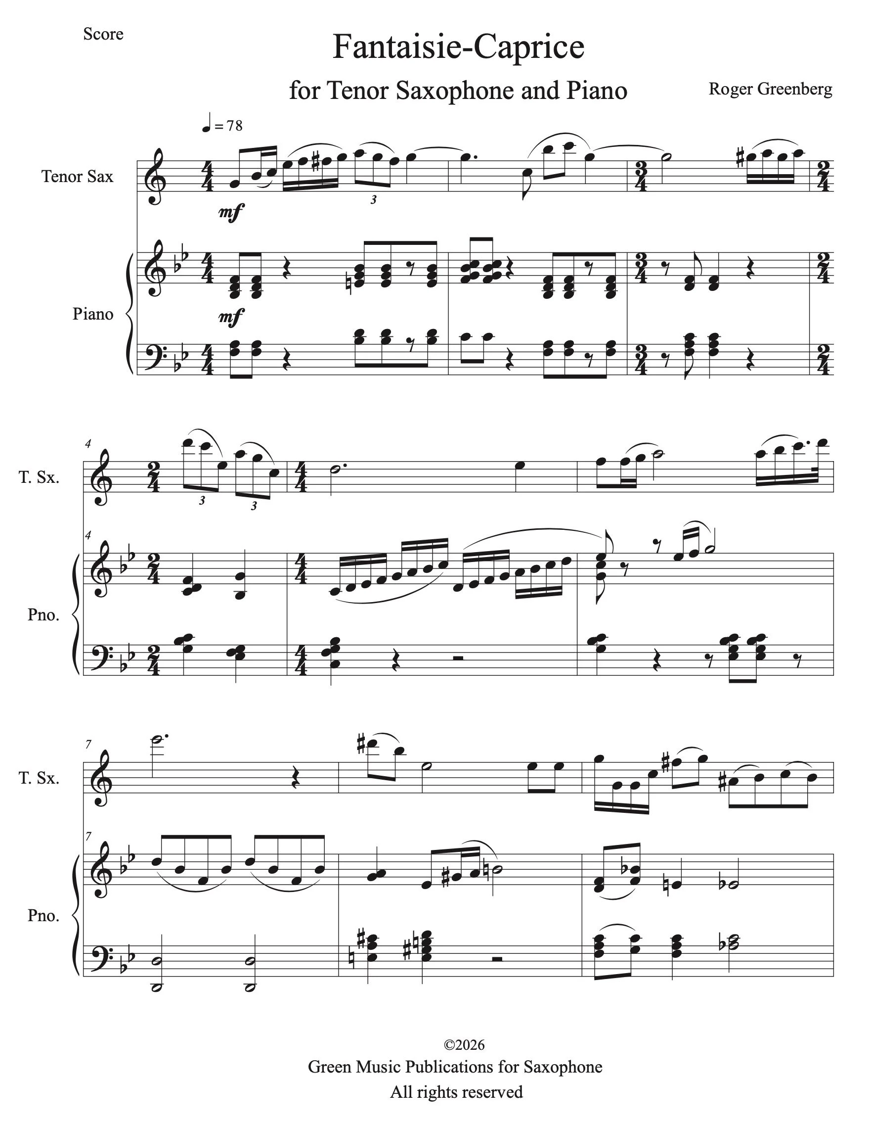 Fantaisie - Caprice for Tenor Saxophone and Piano by Roger Greenberg