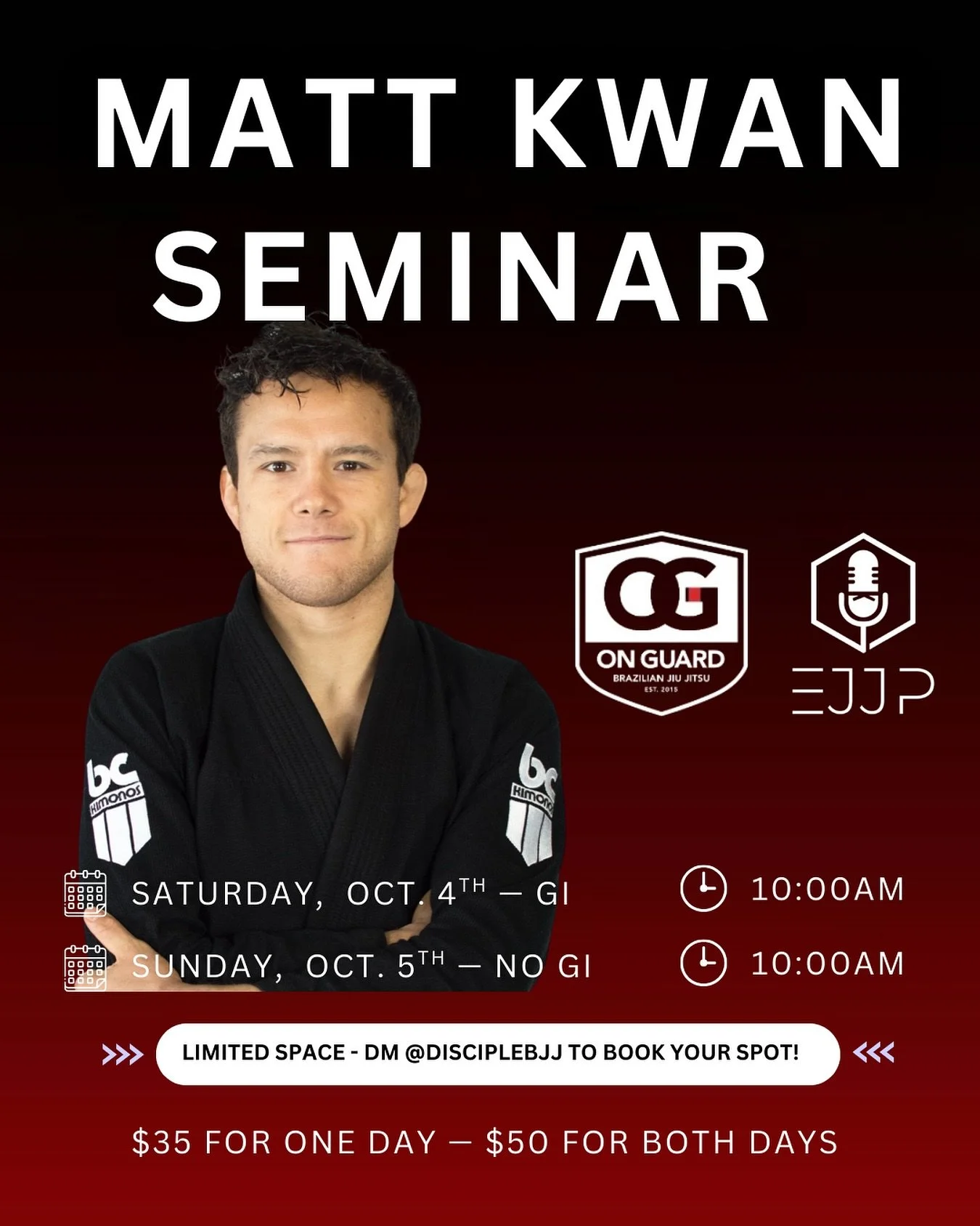 Thrilled to announce our first seminar - Matt Kwan is a highly experienced black belt and owner of @onguardbjj and the host of @theeverydayjiujitsupodcast
Matt’s success not only as a coach, but as a competitor, speaks for itself. We’re