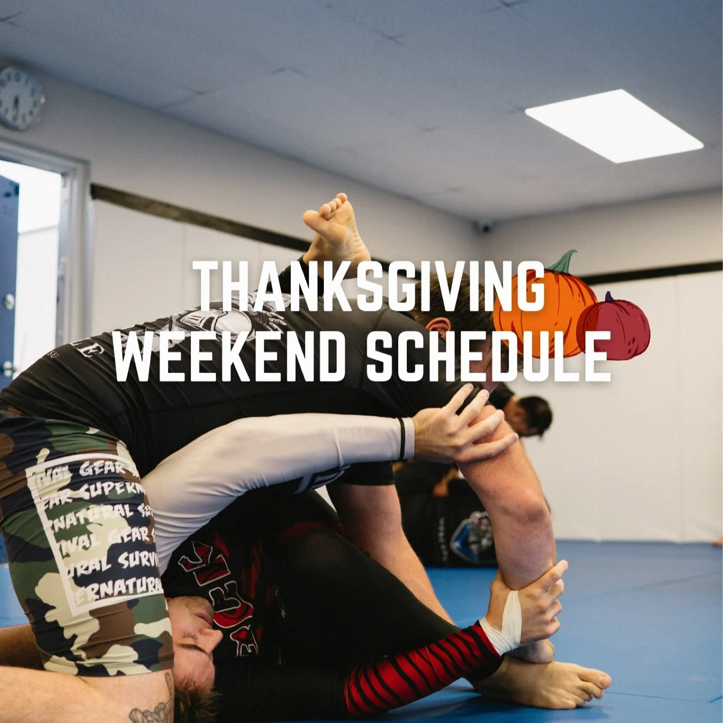 🍂 THANKSGIVING WEEKEND 🥧 

Regular schedule for Saturday and Sunday.

🦃 THANKSGIVING MONDAY:
Open Mat 10:00am - 12:00pm 
*No regular classes*

Have an awesome Thanksgiving with your family and loved ones.