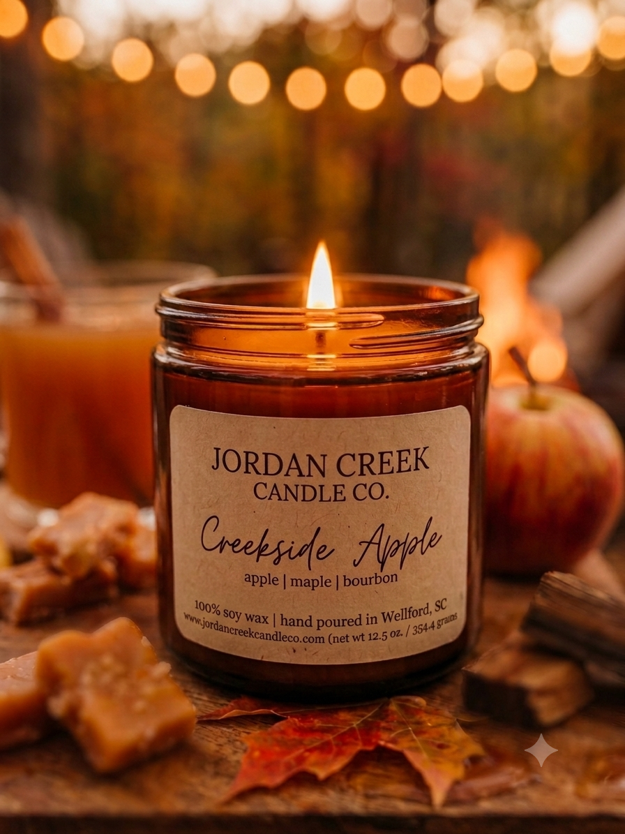 Creekside Apple candle in an outdoor, fall evening setting