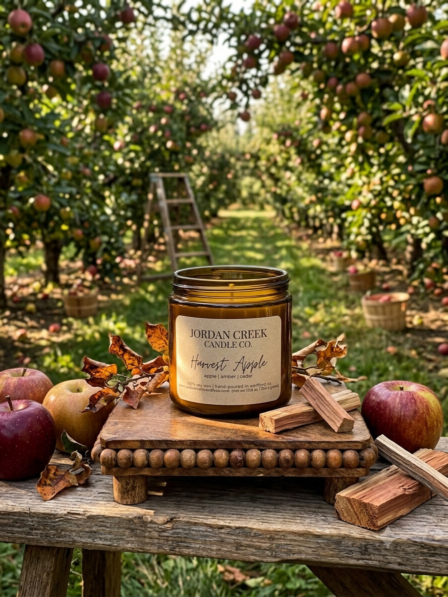Harvest Apple Candle in an apple orchard setting