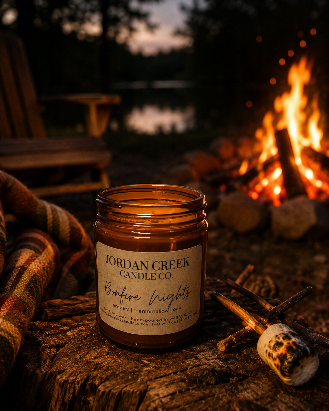 bonfire nights candle sitting next to a blanket in front of a bonfire