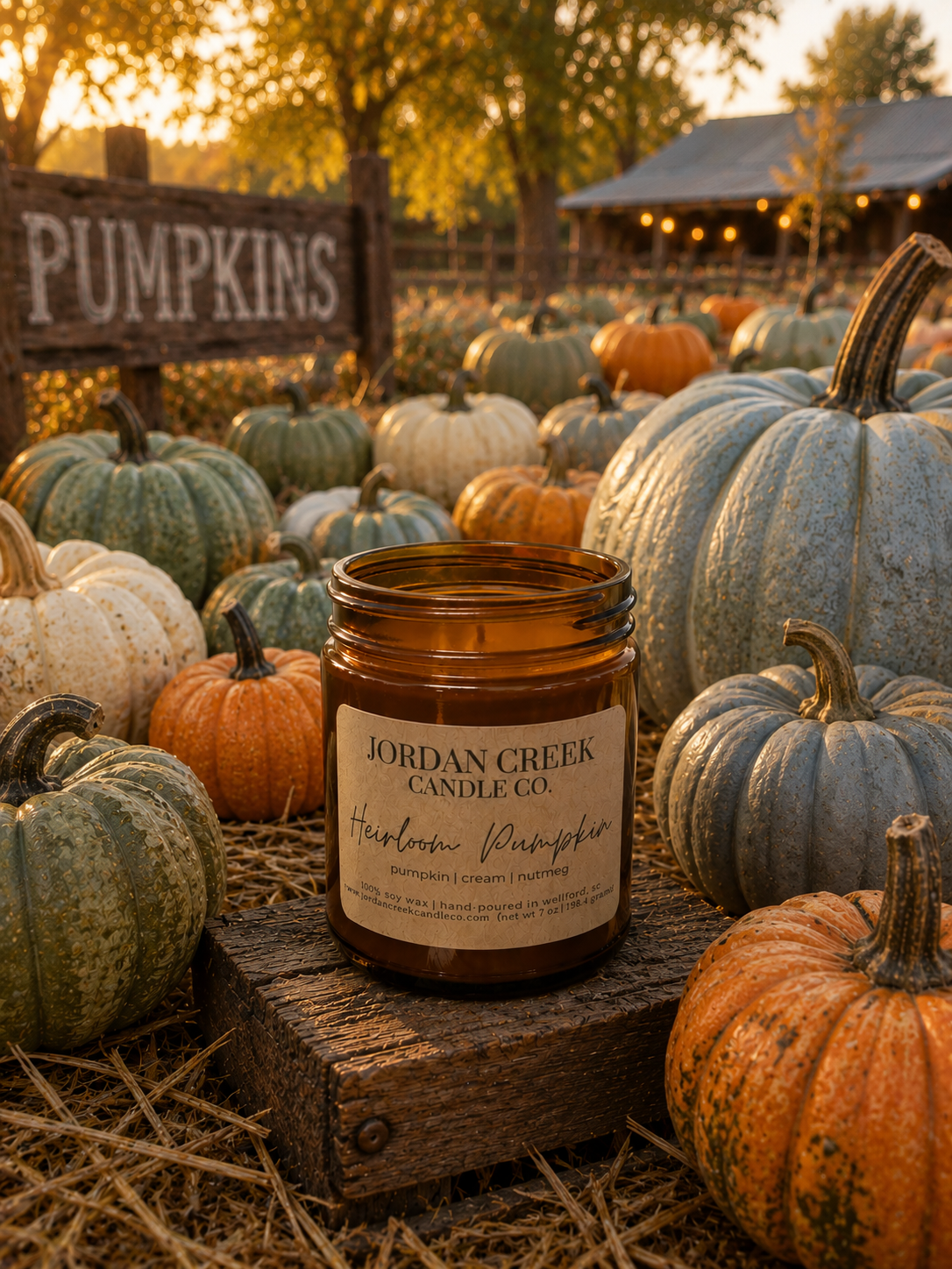 heirloom pumpkin candle sitting in front of a field of pumpkins