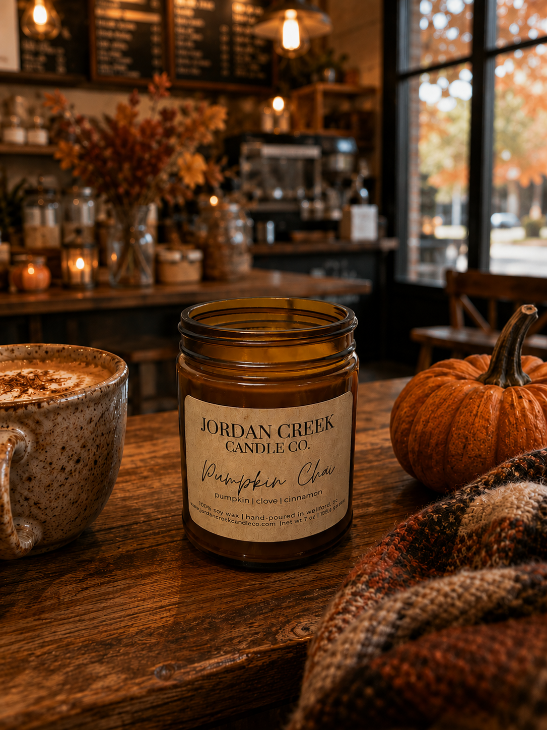pumpkin chai candle sitting on the counter of a coffee shop