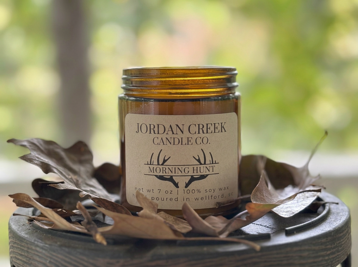 morning hunt candle sitting on a bed of leaves