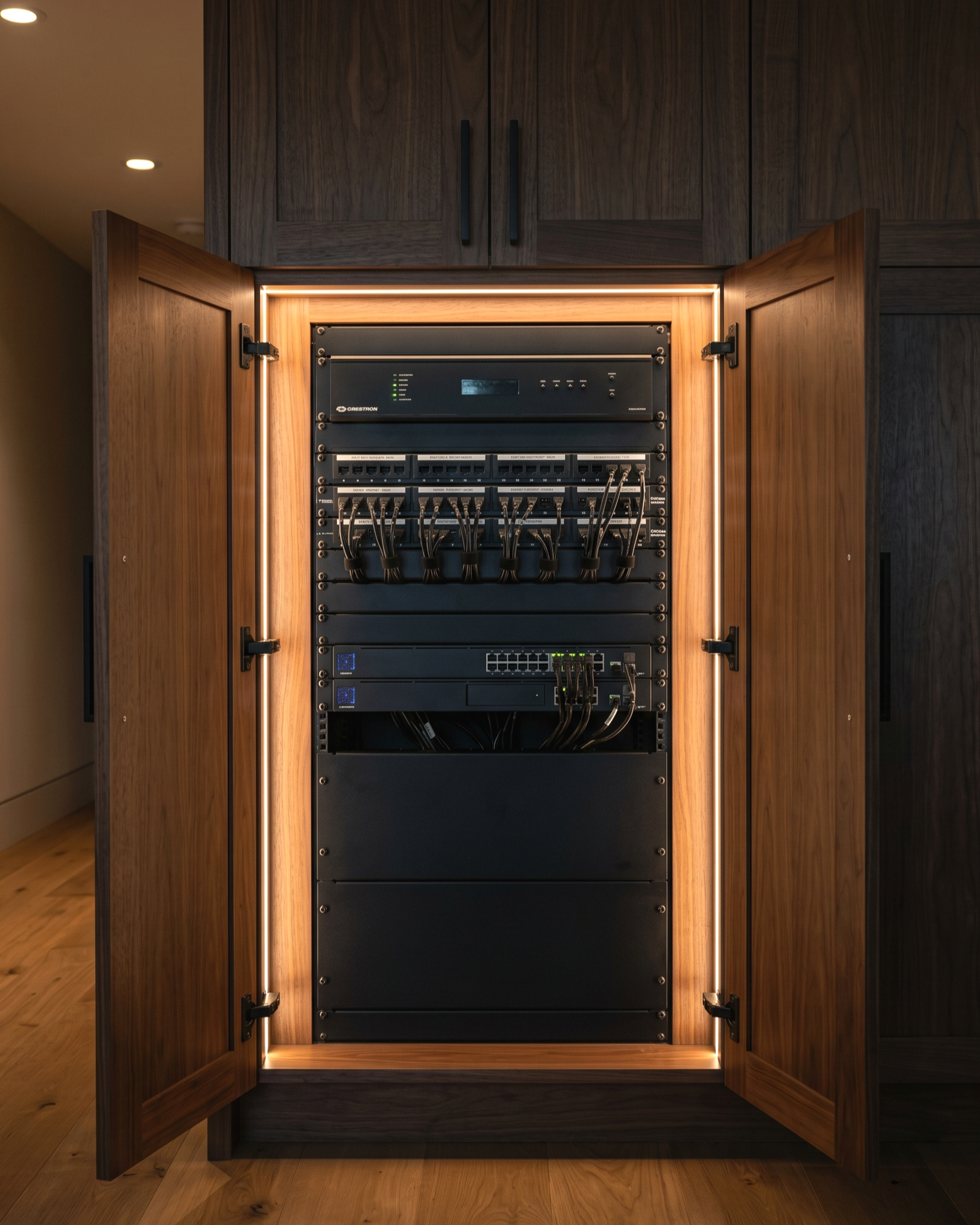 Custom residential AV rack installation with Crestron processor, patch panels, and managed network switch inside a walnut wood cabinet with LED lighting, installed by Avati Audio Visual in Morgan Hill, CA
