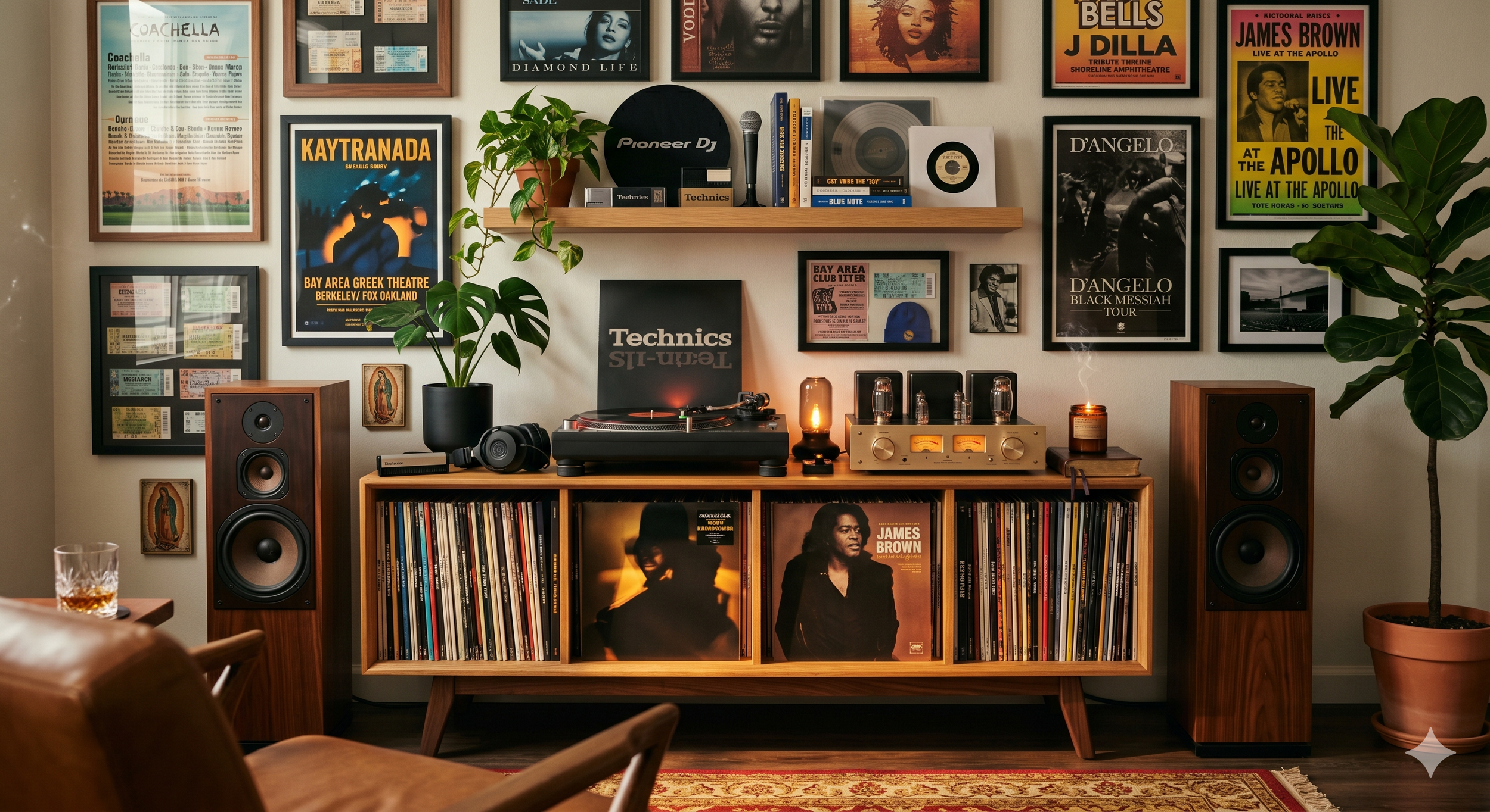 A cozy music room with a wooden shelving unit filled with records, a vintage turntable, and a stereo amplifier. Two large wooden speakers flank the setup. The wall behind is decorated with framed concert posters, photographs, and artwork. Potted plants add greenery, and warm lighting creates a relaxed atmosphere.