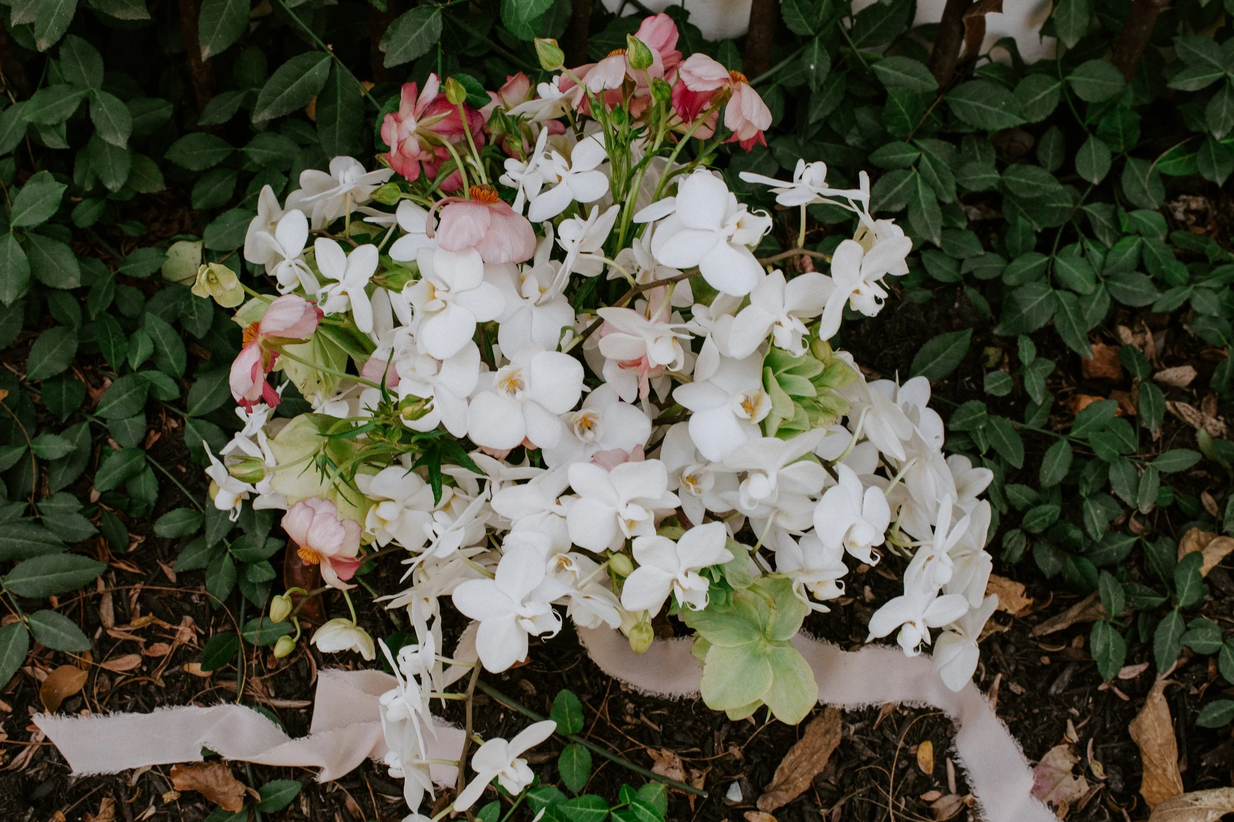 A bouquet of white and light pink flowers with green leaves on dark soil