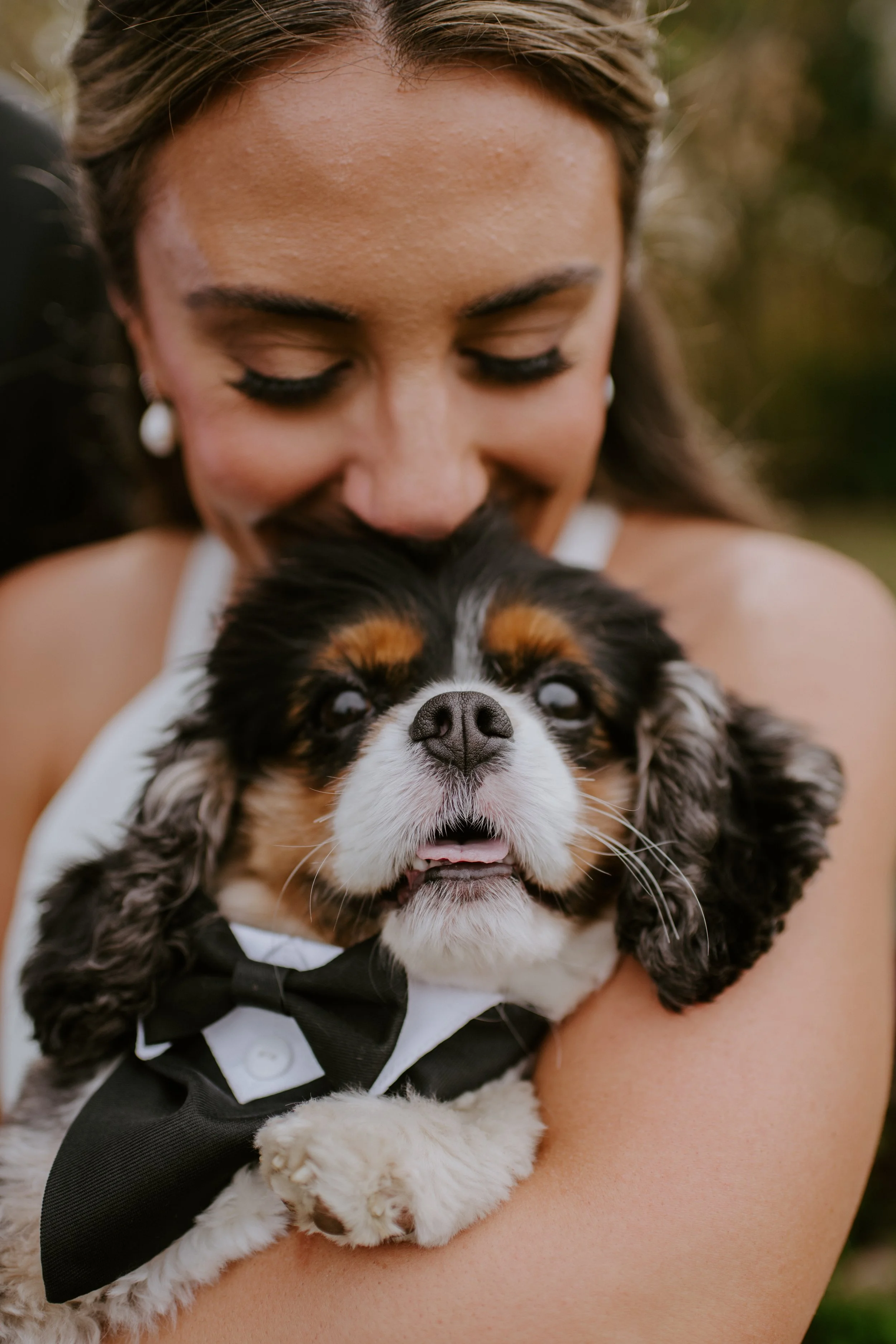 A woman dressed in formal attire holding a Bernese Mountain Dog puppy outside.