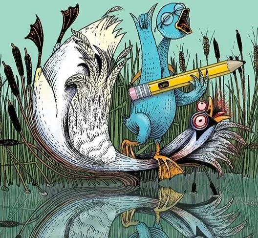 A cartoon illustration of a blue bird holding a yellow highlighter in its beak, perched on a log beside a large fish that appears to be caught, in a marshy area with cattails and water.