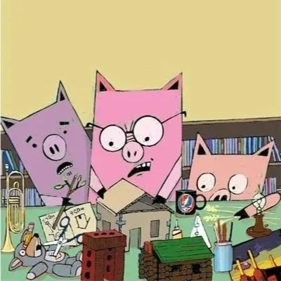Three animated pig characters in a room filled with toys and books, with a yellow background and a bookshelf in the back.