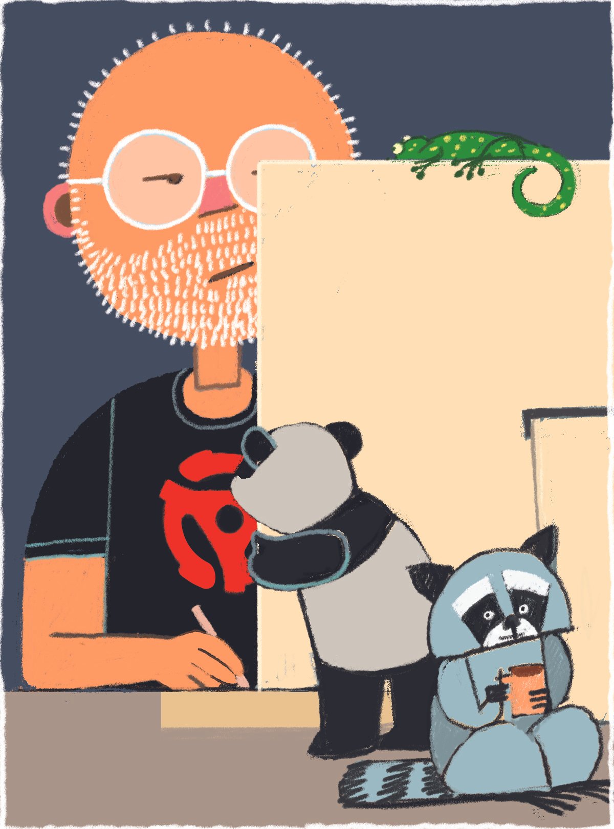 Illustration of a bearded man with glasses working at a desk, accompanied by a panda and a raccoon, all holding cups.