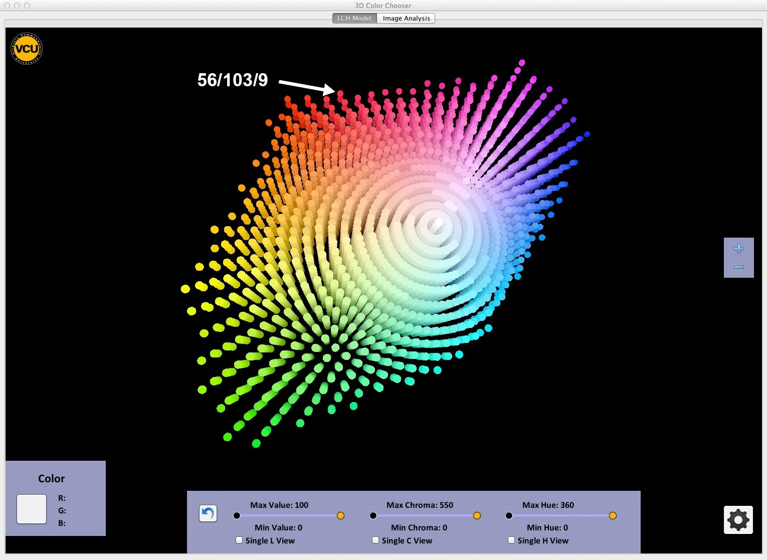 A digital color wheel with a black background, displaying a spectrum of colors arranged in a circular pattern with concentric rings, and an arrow pointing to a specific color code "56/103/9".