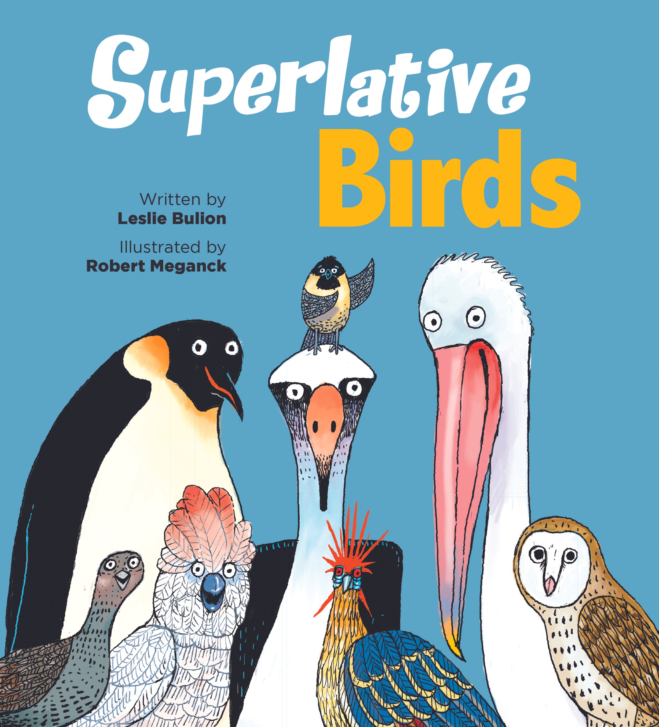 Book cover titled "Superlative Birds" with colorful illustrations of various bird species on a blue background.