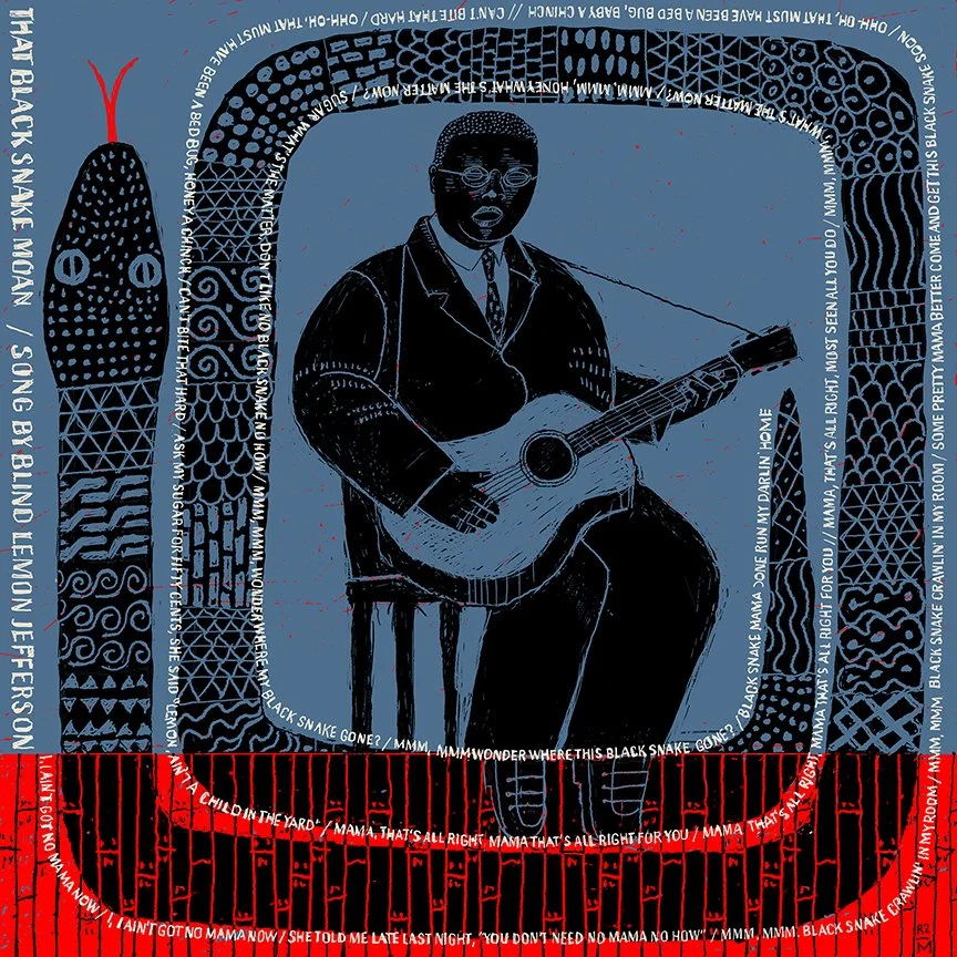 A person wearing glasses and a jacket is playing an acoustic guitar, sitting on a chair. The background features abstract patterns and text, including a red section at the bottom with lyrics or a song title.