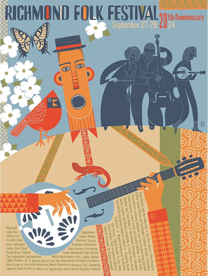 Illustration promoting the Richmond Folk Festival 2024, celebrating its 20th anniversary from September 27-29. The poster features stylized artistic images of a butterfly, a bird, a person singing, a person playing guitar, and a person playing a double bass, with colorful geometric patterns and text listing performers and participants.