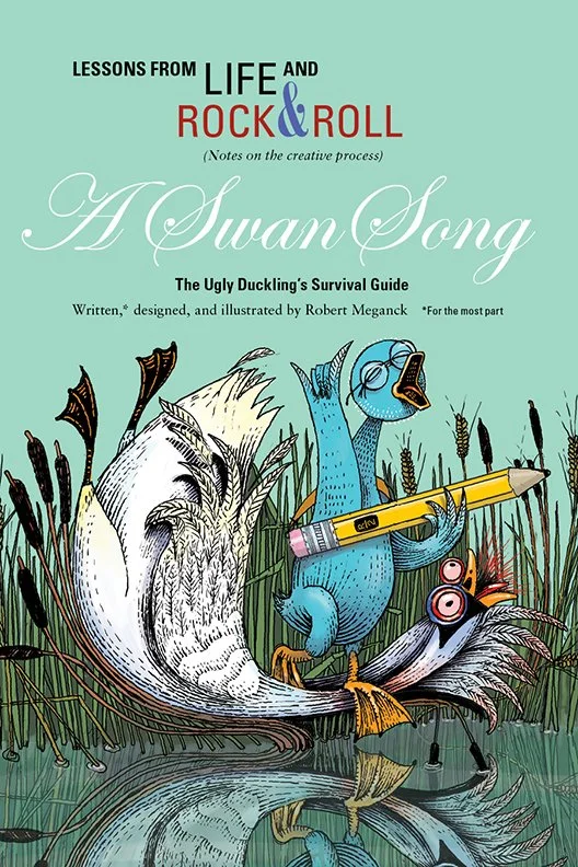 Book cover titled "Lessons from Life and Rock & Roll: A Swan Song" with illustrations of a blue dinosaur and a dead fish, surrounded by cattails and a reflecting water surface.