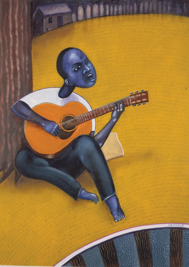 A painting of a person with dark blue skin sitting on a yellow couch, playing an acoustic guitar outdoors next to a tree, with houses and a fence in the background.