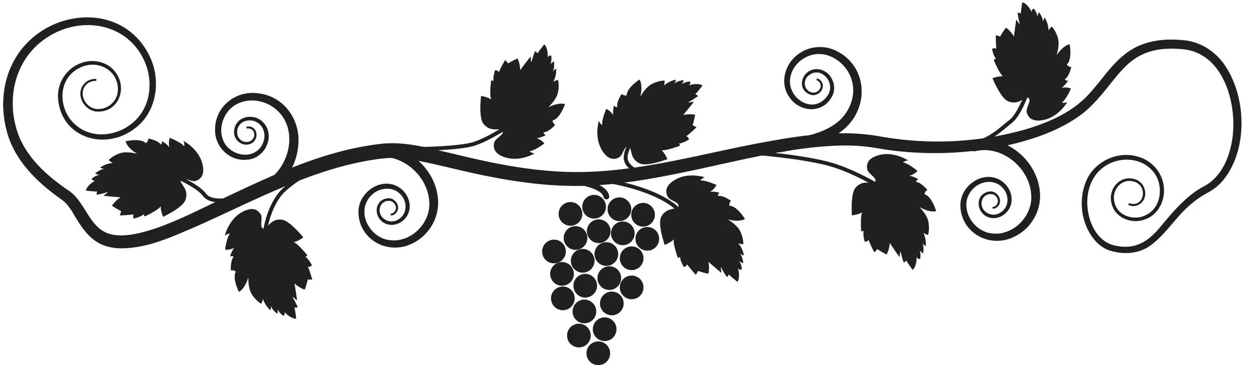 Black silhouette of a vine with leaves and bunches of grapes.