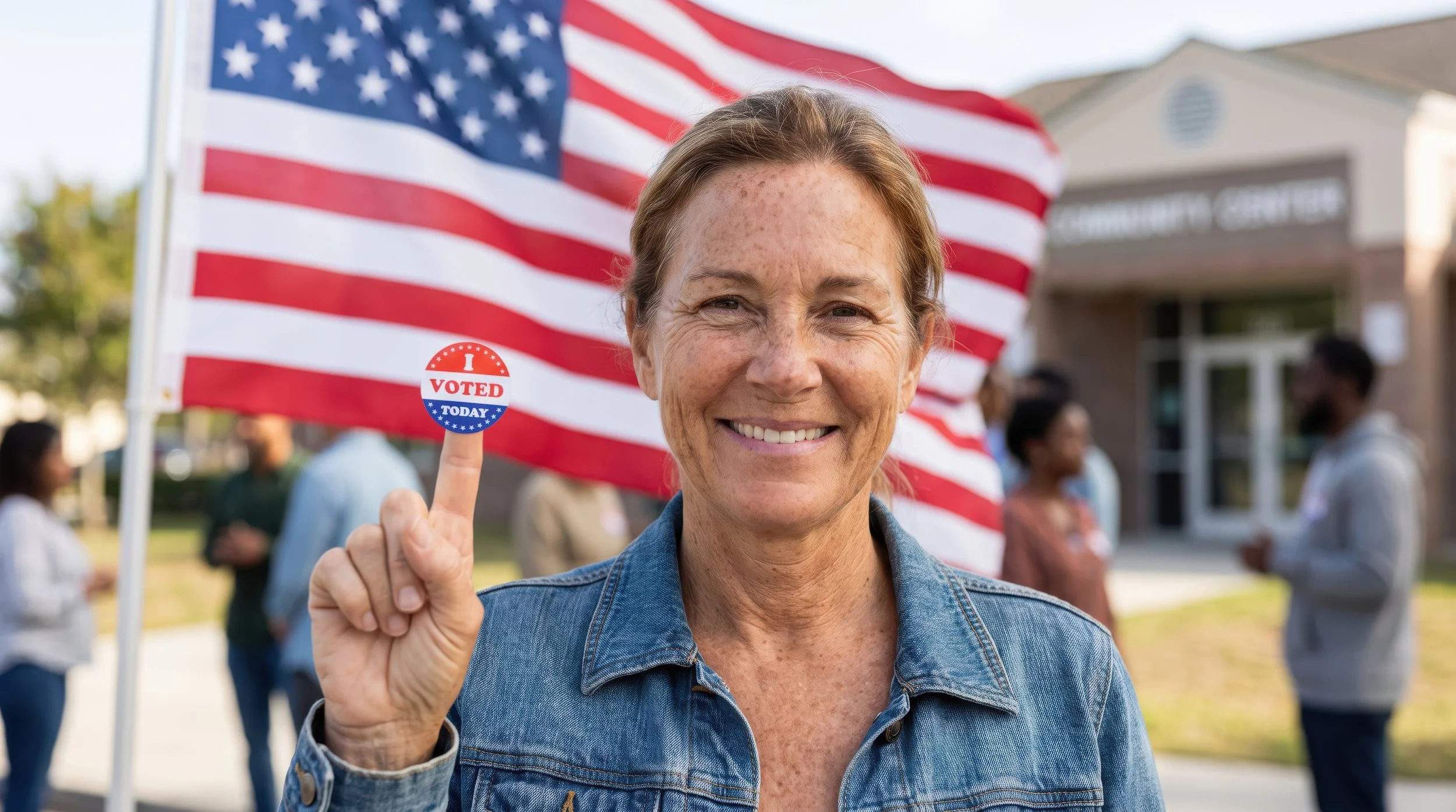 Smiling woman holding a voting sticker in front of an American flag