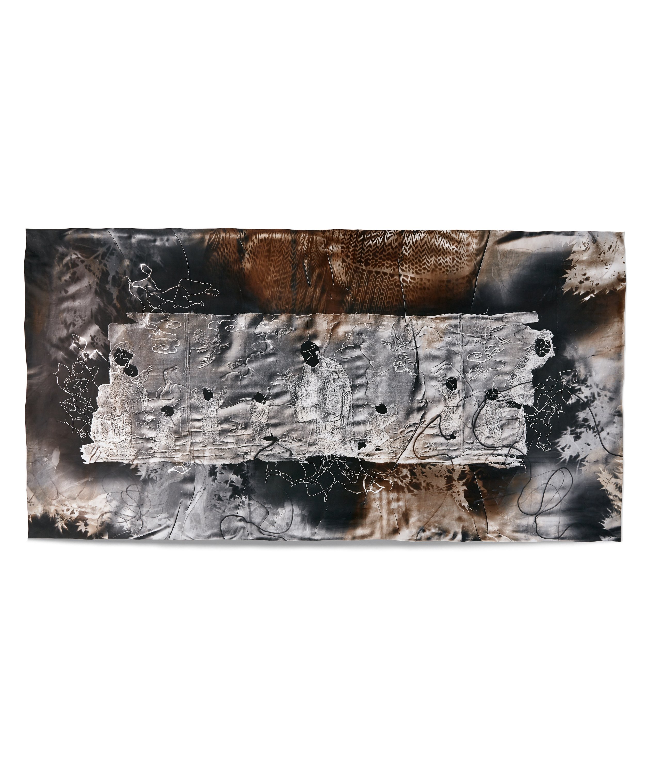   Faceless Immortals 1,  2019 Photographic relief (embossed silver gelatin photogram, selenium and sepia toned) Impression of silk tapestry fragment embroidered with gold-wrapped thread (China, Qing Dynasty, 1820-1860s) 42 x 80 in 