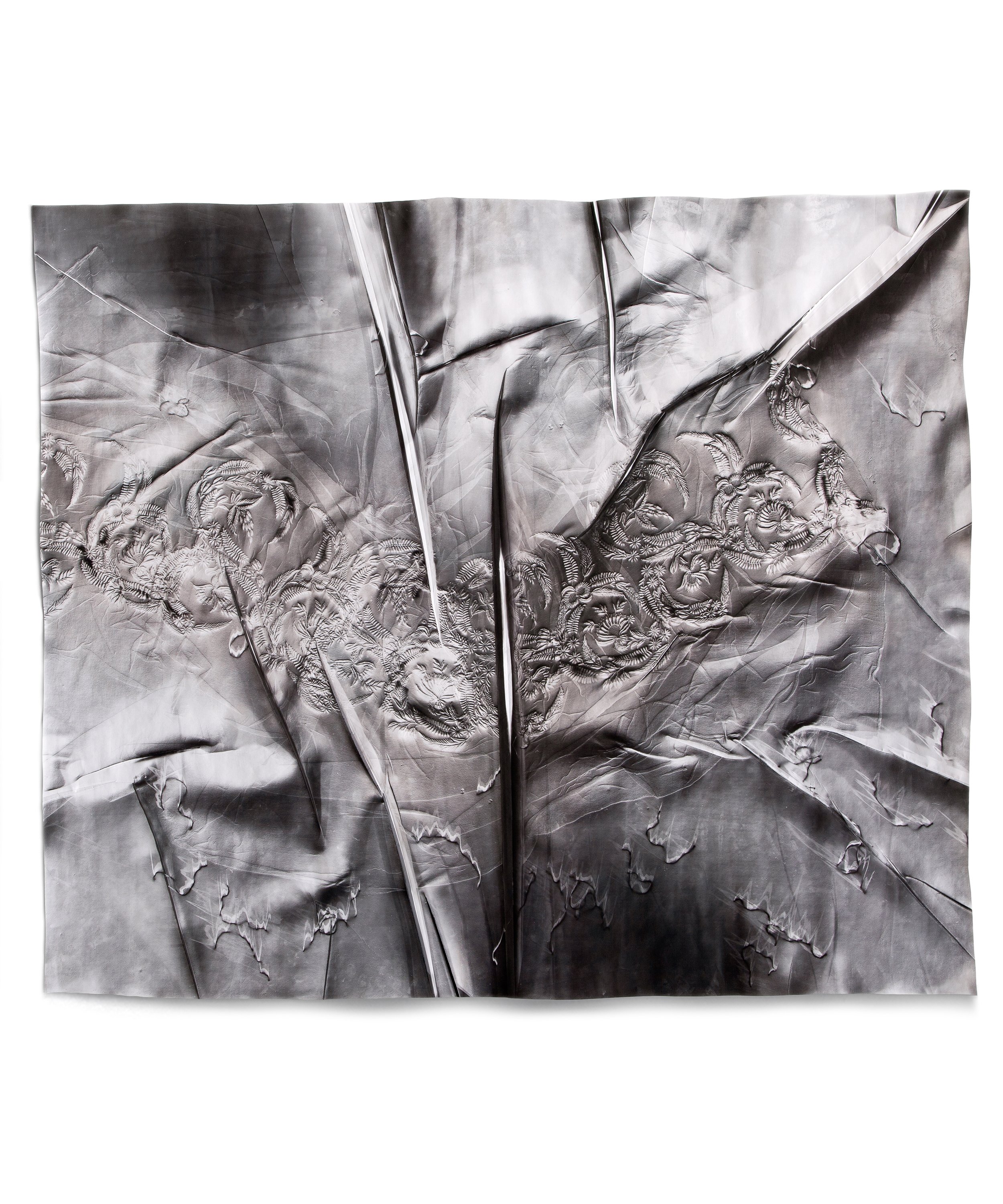   Life Hours 4,  2019 Photographic relief (embossed silver gelatin photogram) Impression of hand-embroidered sheer muslin skirt fragment (England, 1830s) 36 x 42 in 