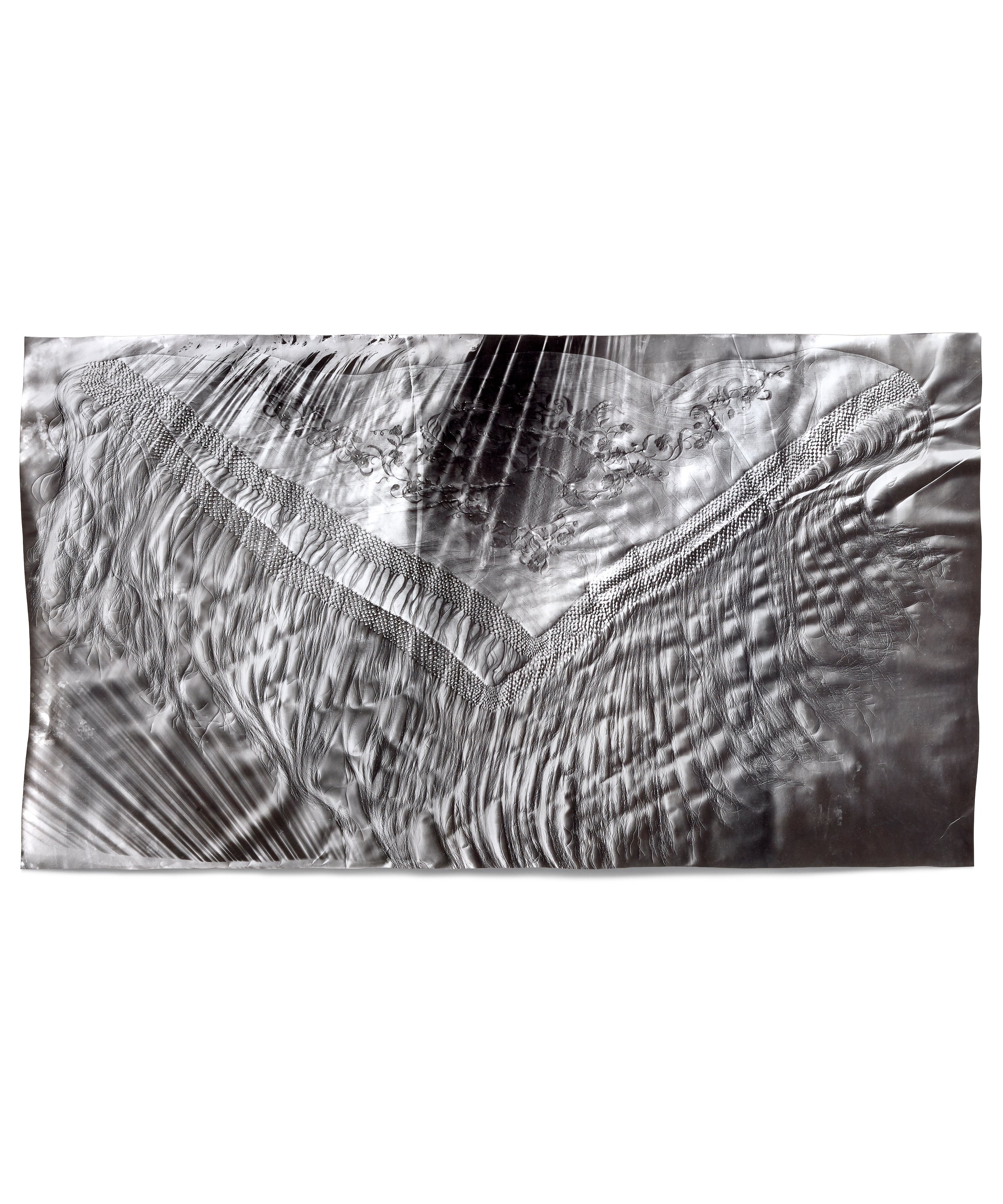   Manton de Manila 2,  2017 Photographic relief (embossed silver gelatin photogram) Impression of hand-embroidered silk Manton de Manila or Piano Shawl (Spain, 1930s) 42 x 75 in 