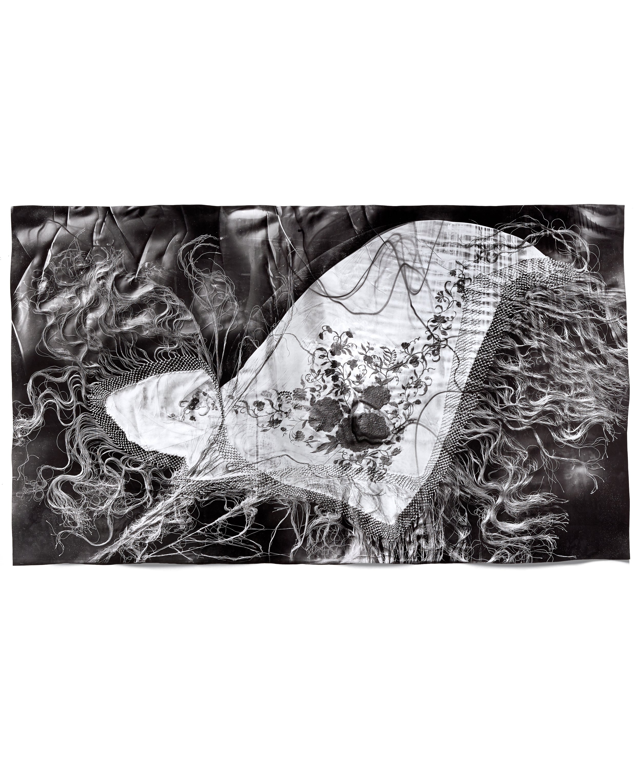   Manton de Manila 3,  2018 Photographic relief (embossed silver gelatin photogram) Impression of hand-embroidered silk Manton de Manila or Piano Shawl (Spain, 1930s) 43 x 74 in 