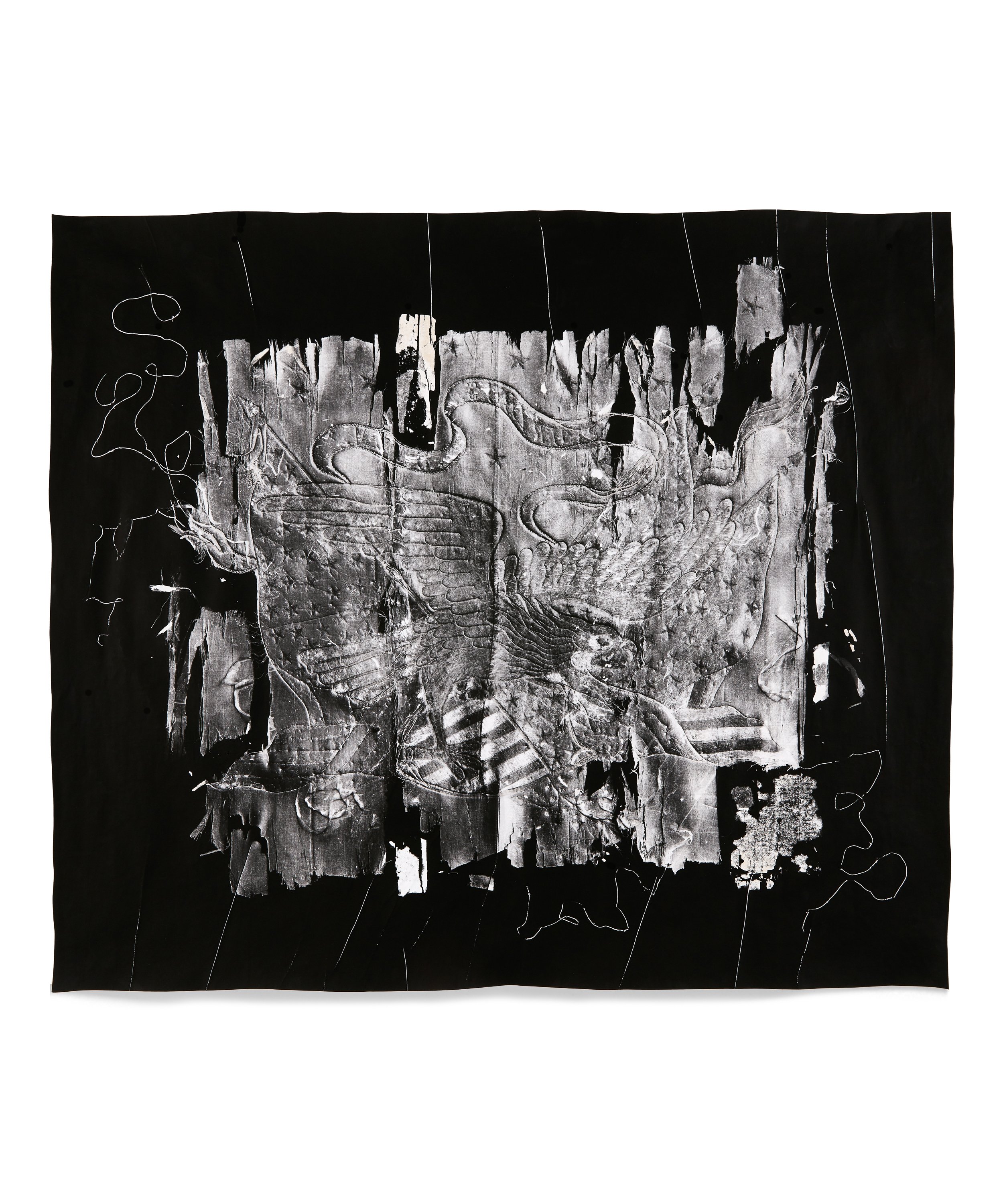   Untitled,  2019 Photographic relief (embossed silver gelatin photogram) Impression of a handmade silk "Trapunto" Manufactured by The George Washington Co. for sale to American service men (Yokohama, Japan, 1890s) 36 x 42 in 