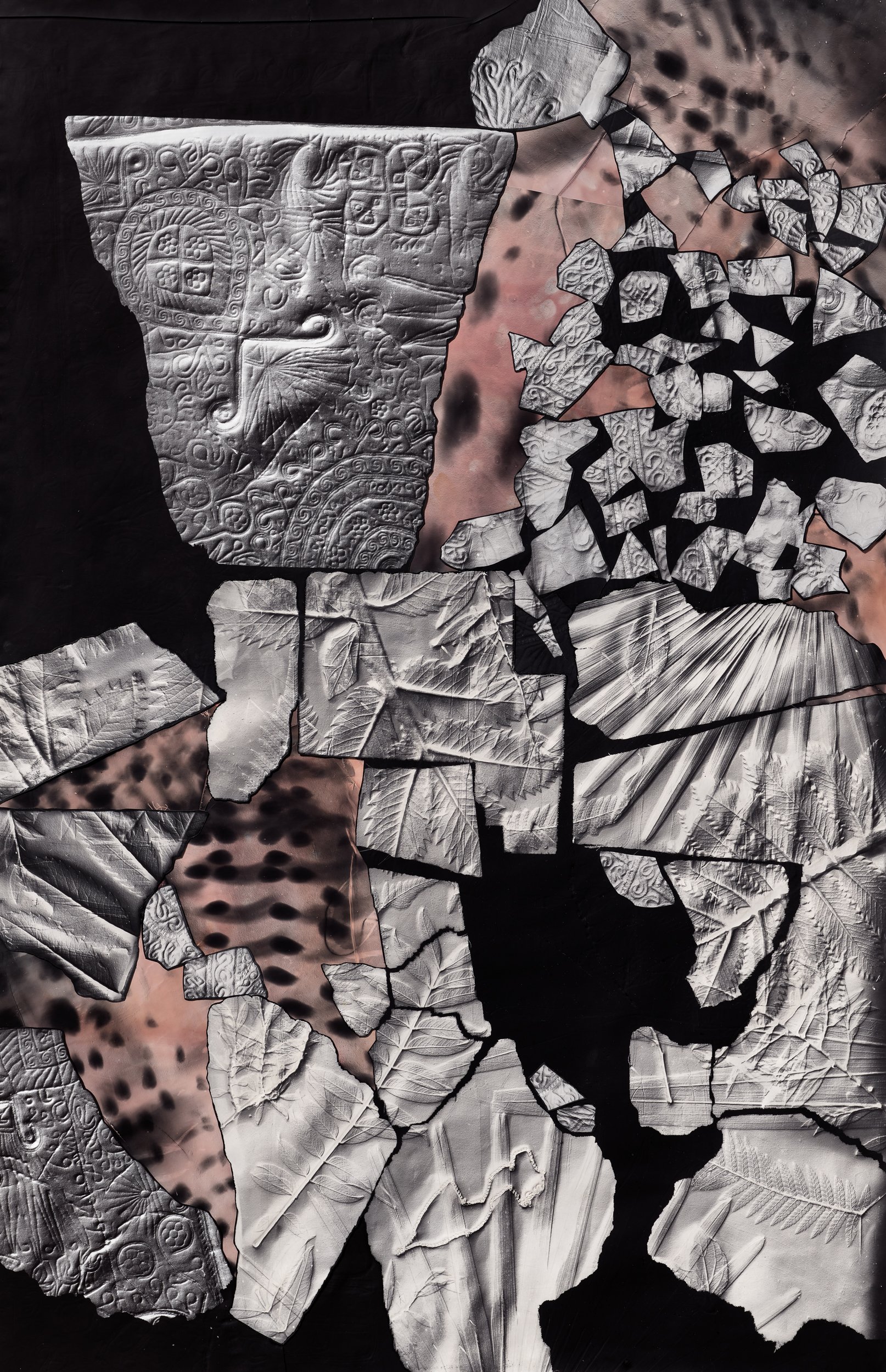   Dig 2,  2022 Collage of photographic reliefs (embossed silver gelatin photograms, fabric dye, rag paper) 41 x 27 in 