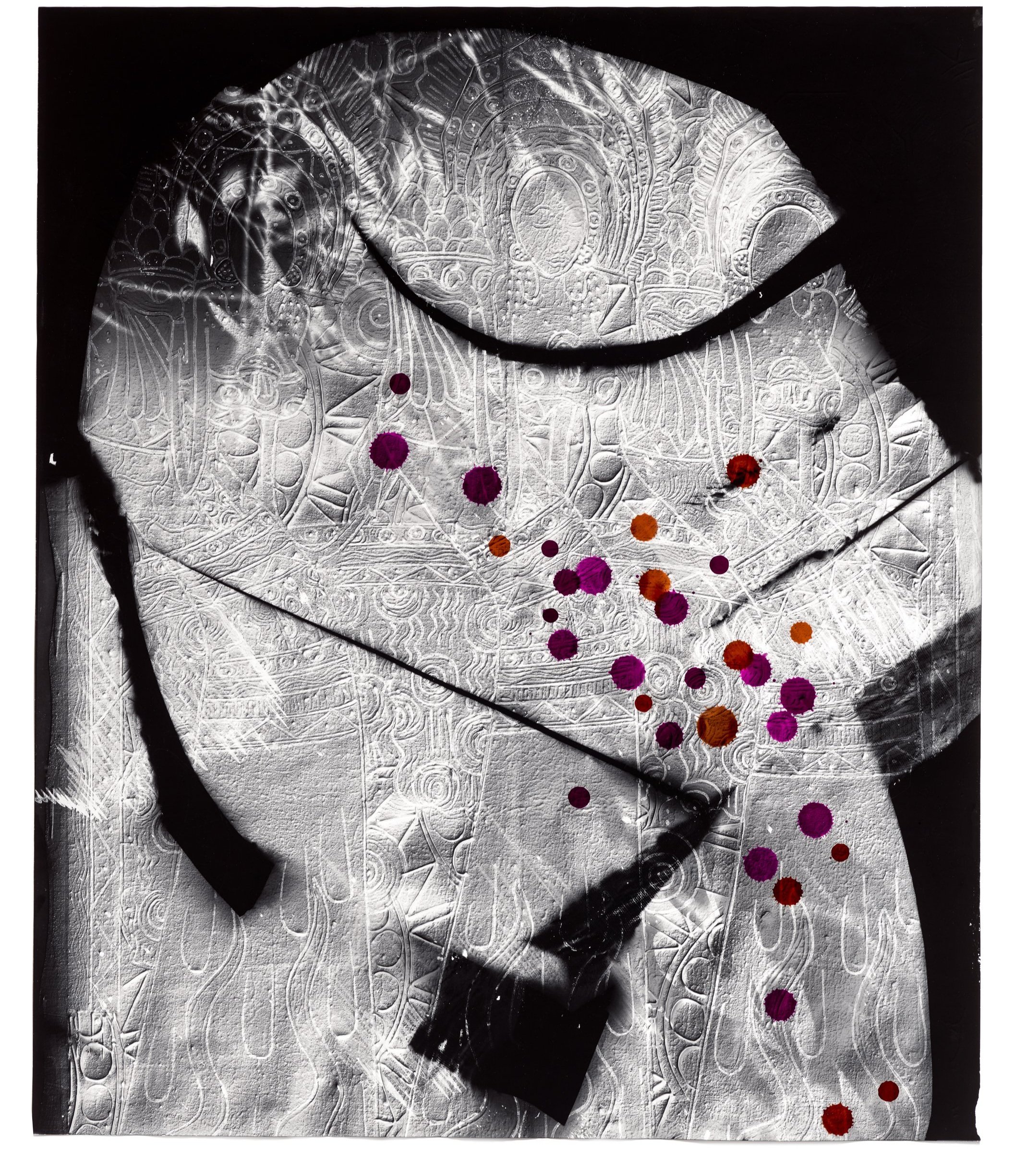   Rainbow Bruise 16,  2021 Photographic relief (embossed silver gelatin photogram, fabric dye) 23 x 19 in 