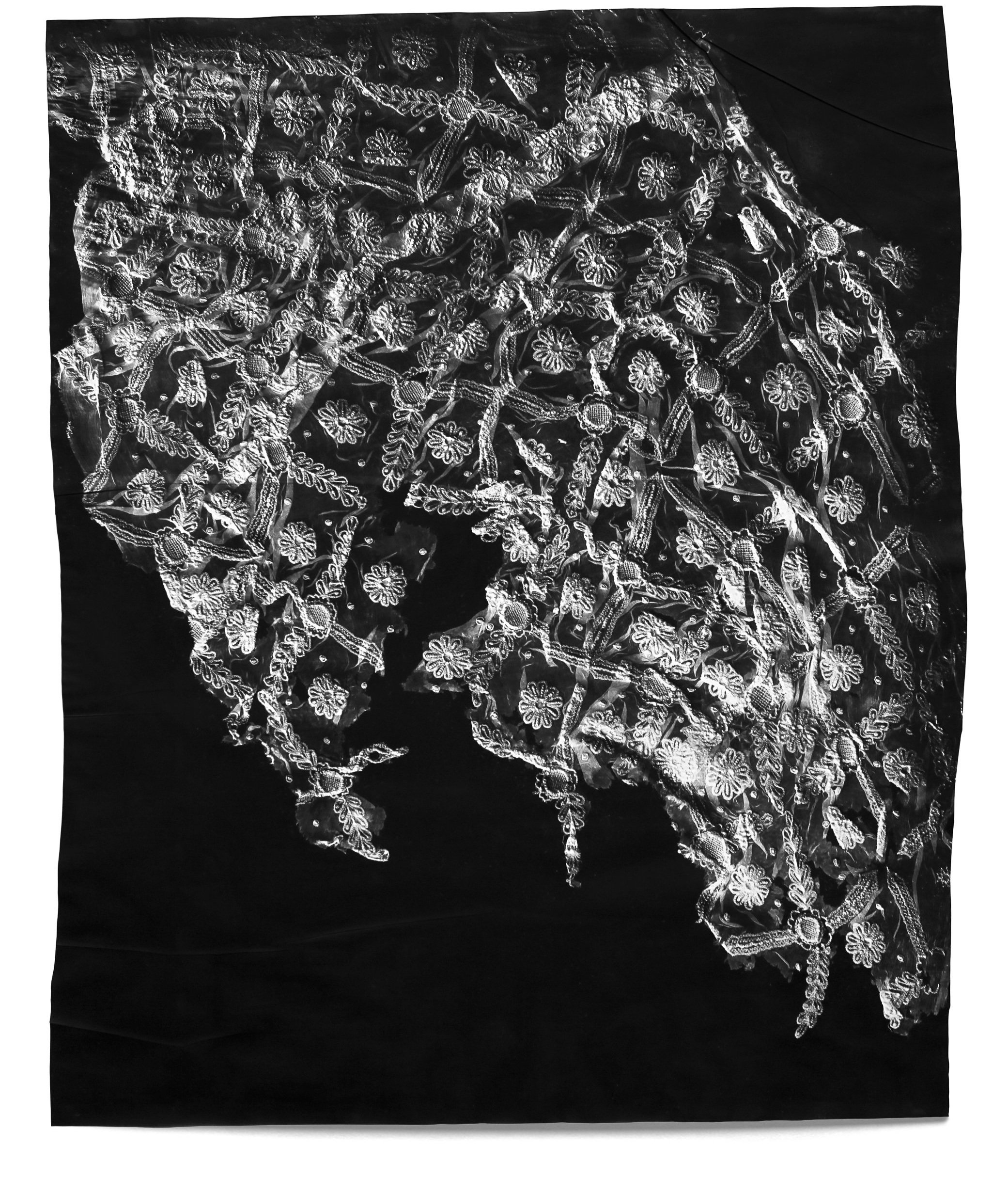   Artifact 3,  2017 Photographic relief (embossed silver gelatin photogram) Impression of sequined, silk dupatta fragment (India, 1930s) 43 x 34 in 