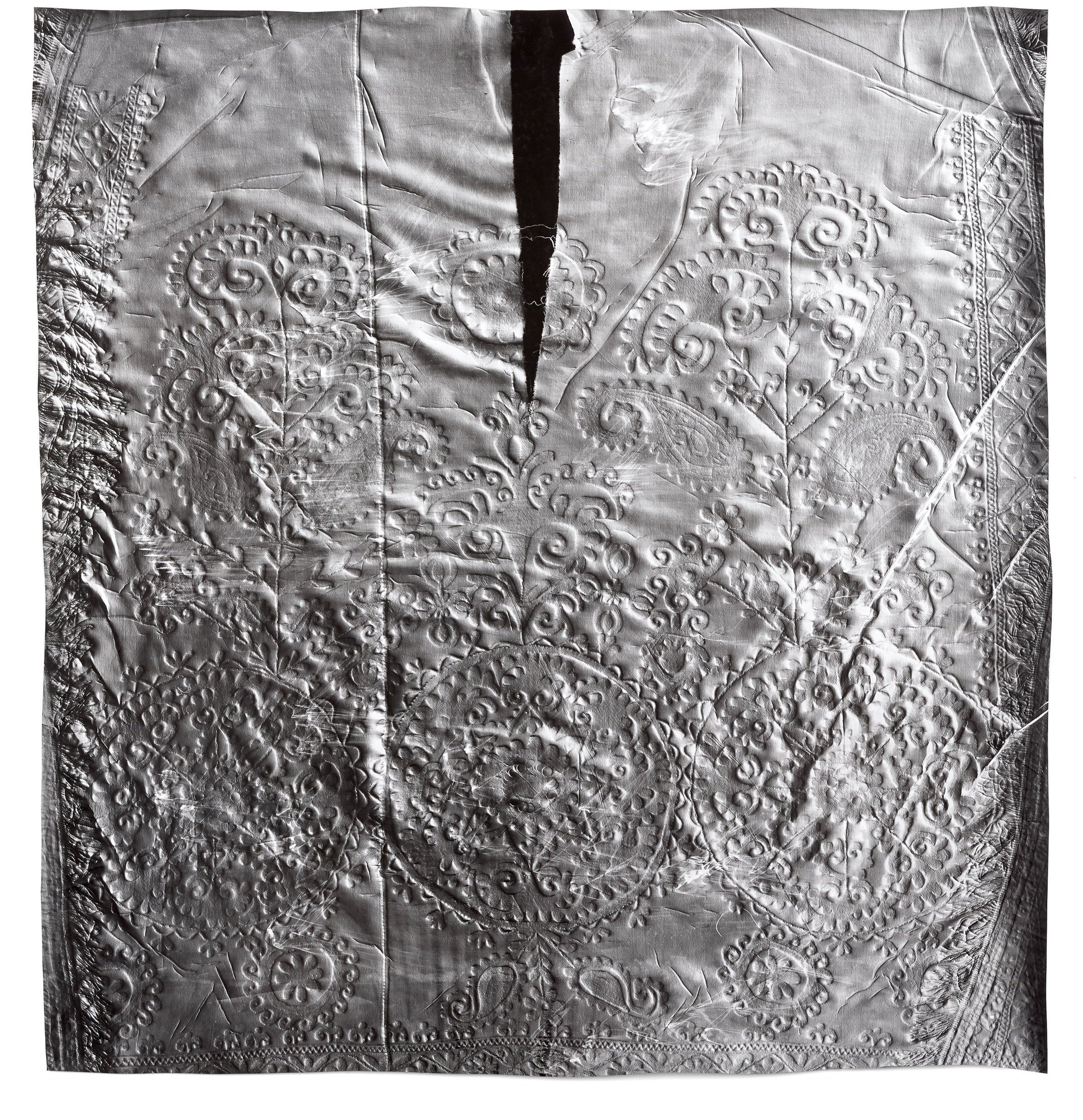   Growing Field 1,  2018 Photographic relief (embossed silver gelatin photogram) Impression of hand-embroidered decorative horse blanket made for a wedding celebration (Uzbekistan, 1920s -1940s) 42 x 40 in 