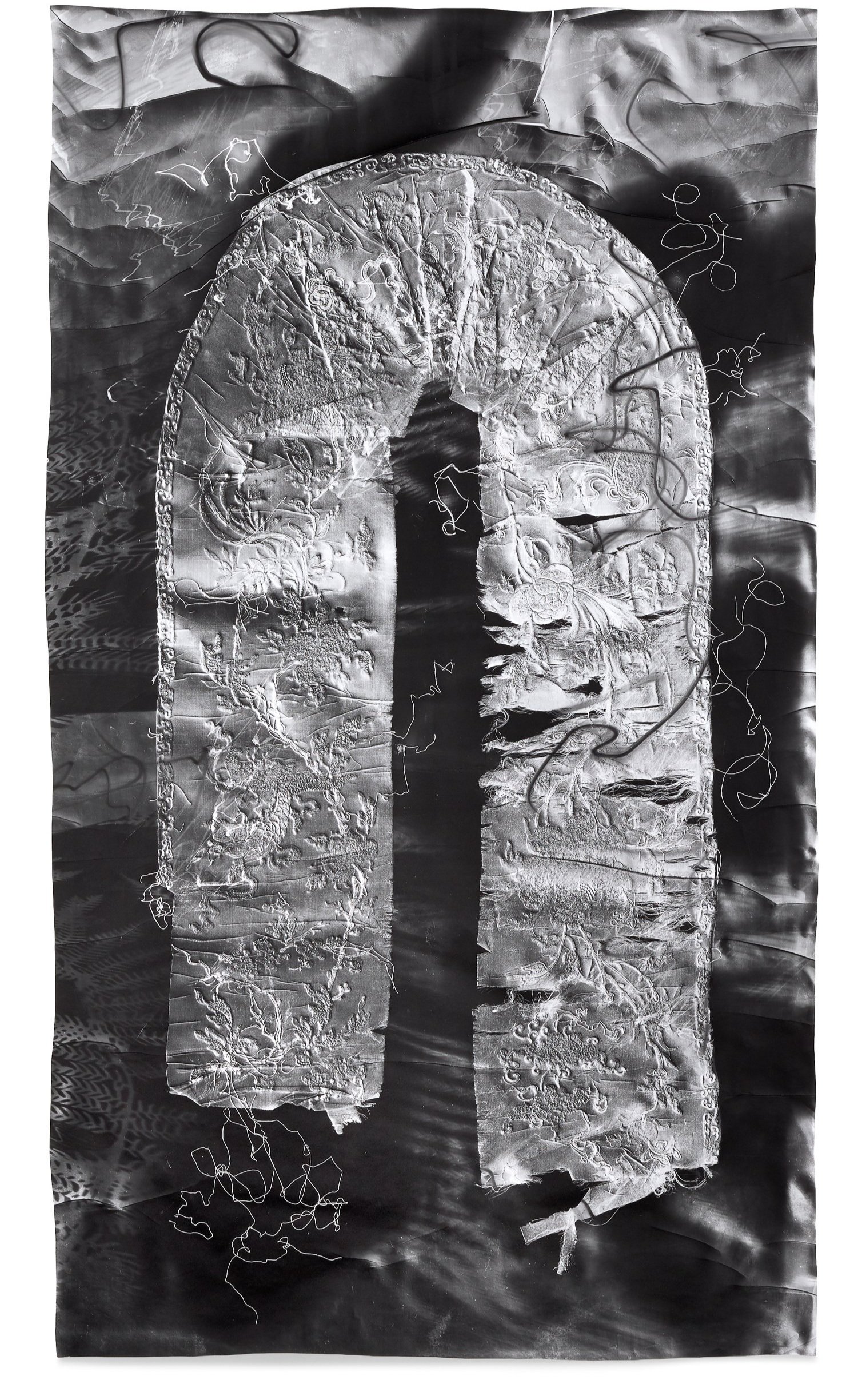   Imperfect Offering 2,  2018 Photographic relief (embossed silver gelatin photogram) Impression of silk tapestry fragment embroidered with gold-wrapped thread (China, Qing Dynasty, 1820s-1860s) 71 x 40 in 