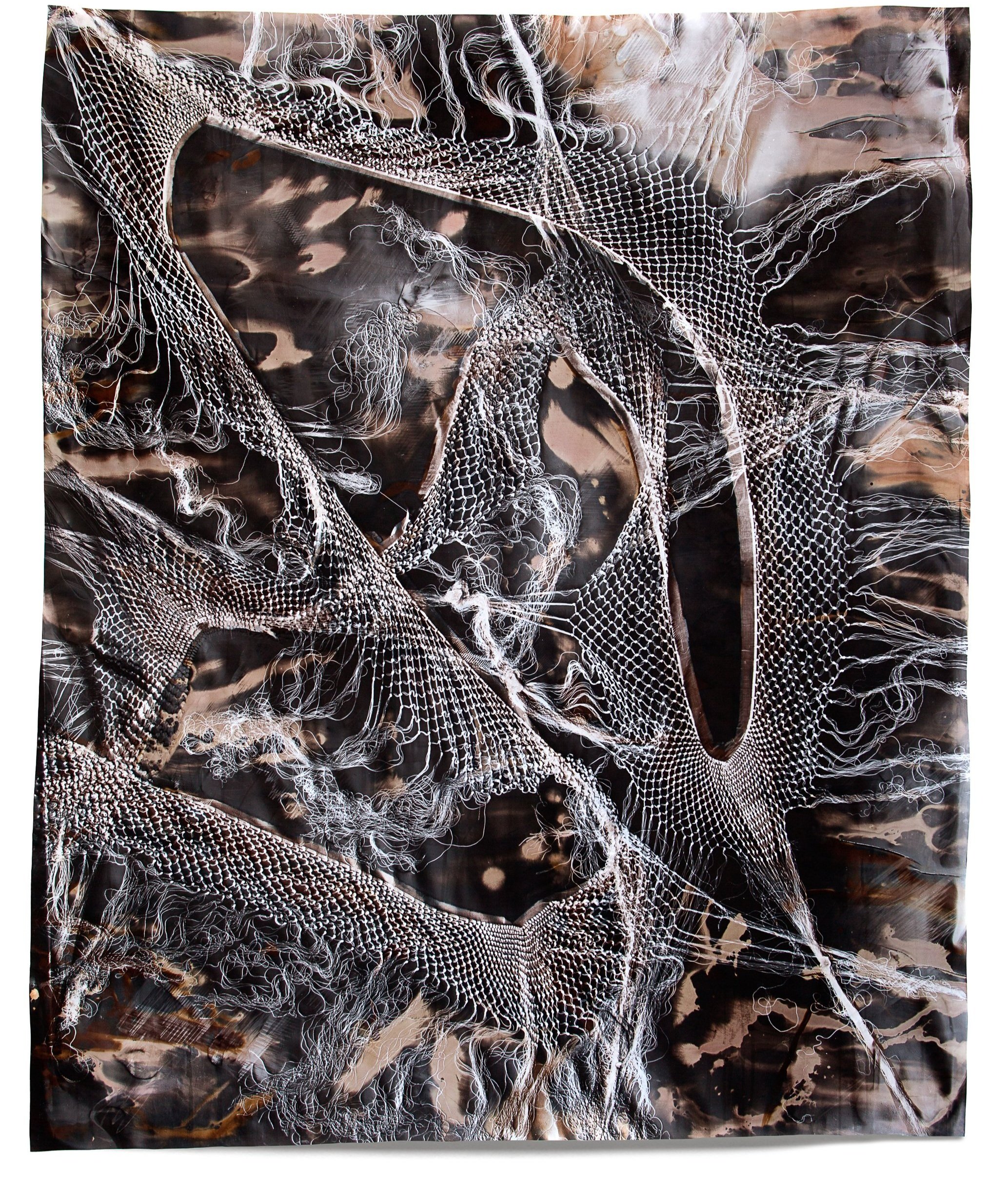   Indra’s Net 1 , 2019   Photographic relief (embossed silver gelatin photogram, selenium, copper and sepia toned) Impression of hand-embroidered silk Manton de Manila or Piano Shawl (Spain via China, Philippines, and Mexico, 1890s) 51 x 41 in 