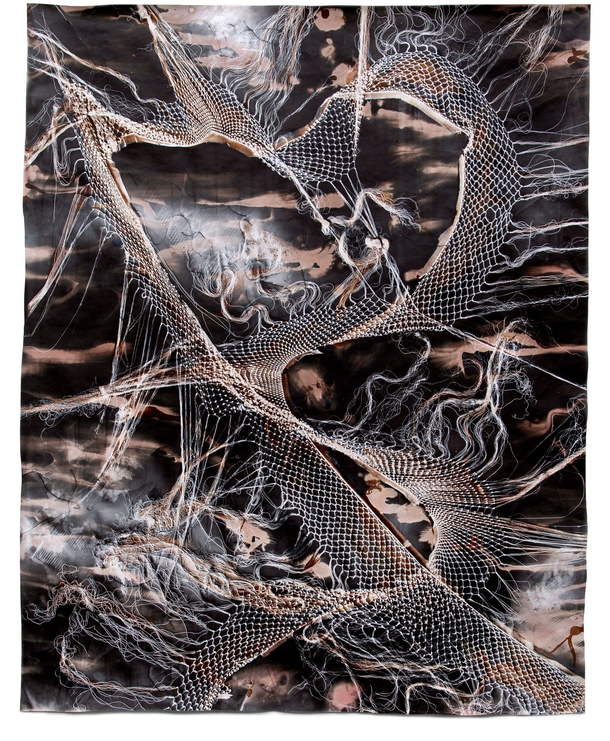   Indra’s Net 2 , 2019   Photographic relief (embossed silver gelatin photogram, selenium, copper and sepia toned) Impression of hand-embroidered silk Manton de Manila or Piano Shawl (Spain via China, Philippines, and Mexico, 1890s) 51 x 41 in 