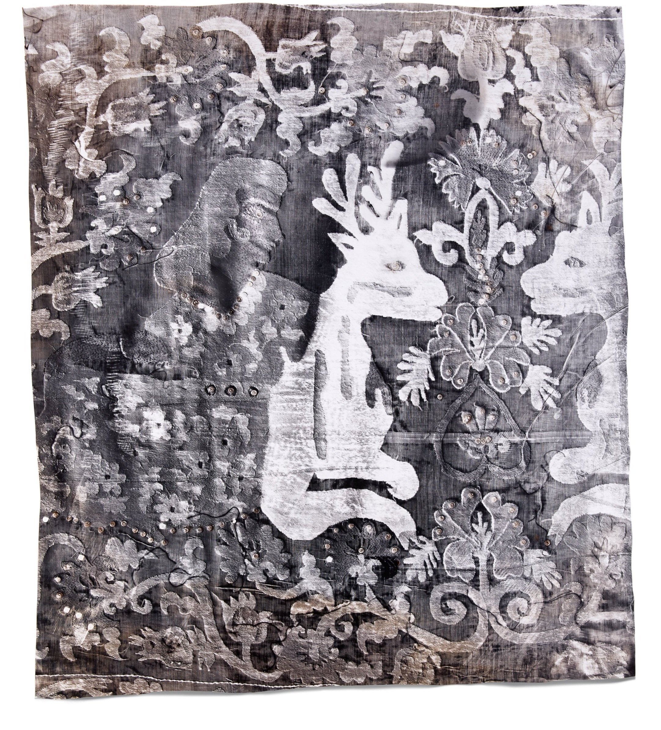   Prophecy,  2019 Photographic relief (embossed silver gelatin photogram, copper and sepia toned) Impression of hand-embroidered tapestry or Suzani (Uzbekistan, Boysun region, 1960s) 43 x 38 in 