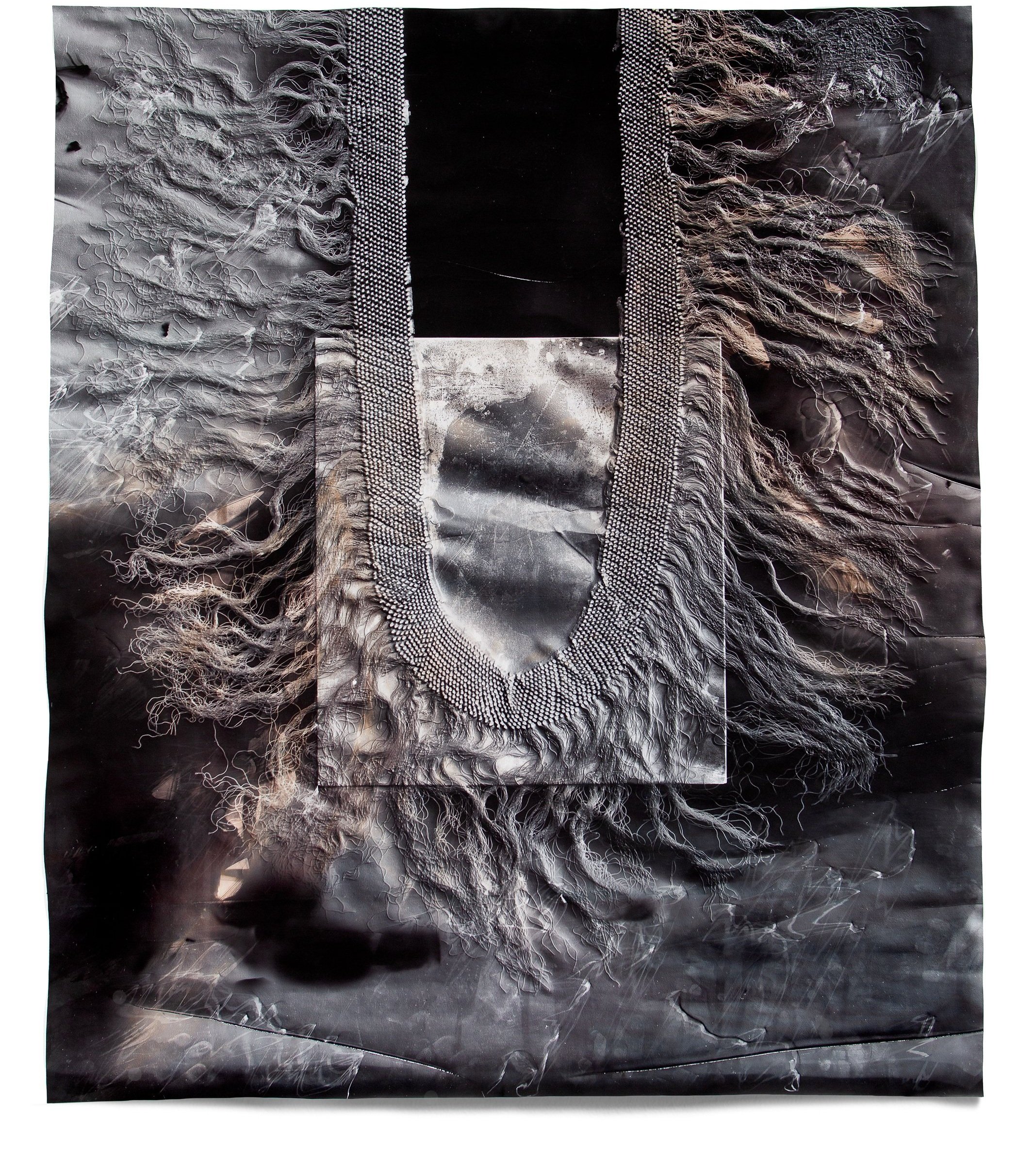  Snakes In The Garden 3,  2018   Photographic relief (embossed silver gelatin photogram, selenium and sepia toned) Impression of silk fringe of a Manton de Manila or Piano Shawl (Spain via China, Philippines, and Mexico, 1870s) 43 x 36 in 