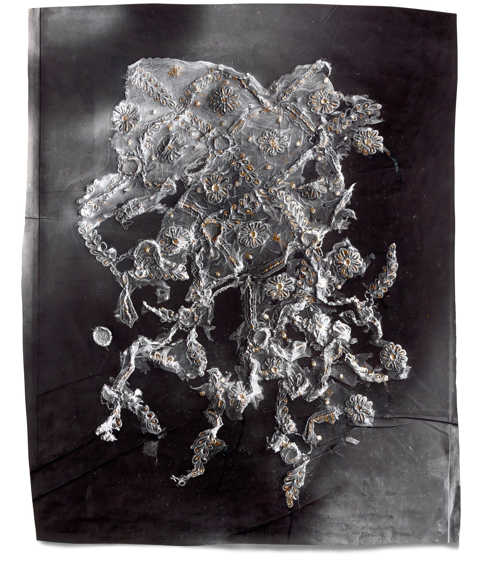   Standing in Velvet Water 2,  2018 Photographic relief (embossed silver gelatin photogram, selenium and sepia toned) Impression of sequined, silk dupatta fragment (India, 1930s) 32 x 26 in 