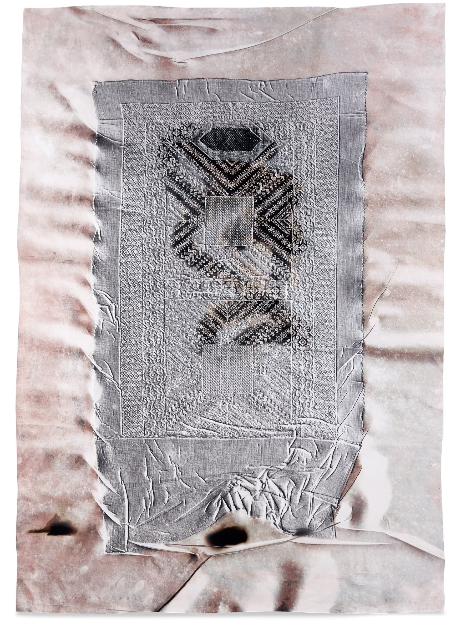   Your Eyes Aren't Eyes. They're Bees 2,  2018 Photographic relief (embossed silver gelatin photogram, copper and sepia toned) Impression of hand-embroidered burqa face veil (Afghanistan, 1970s)  41 x 29 in 