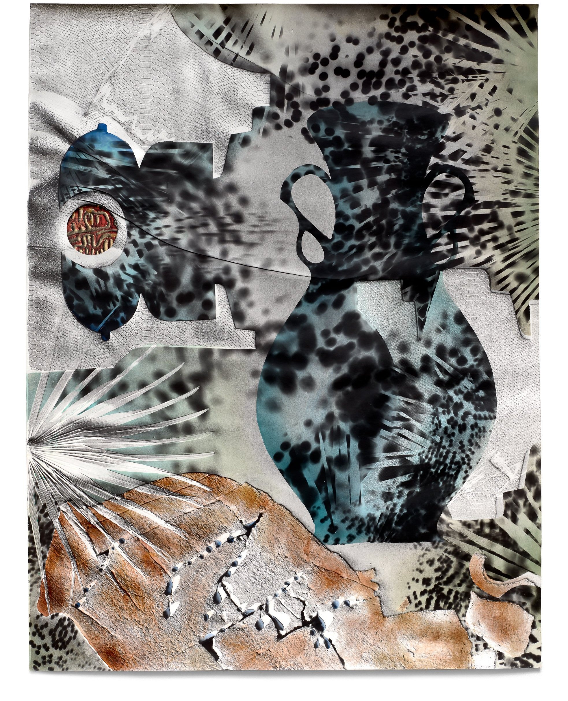   Teal Vase,  2023 Photographic relief (embossed silver gelatin photogram, fabric dye) 41 x 32 in 