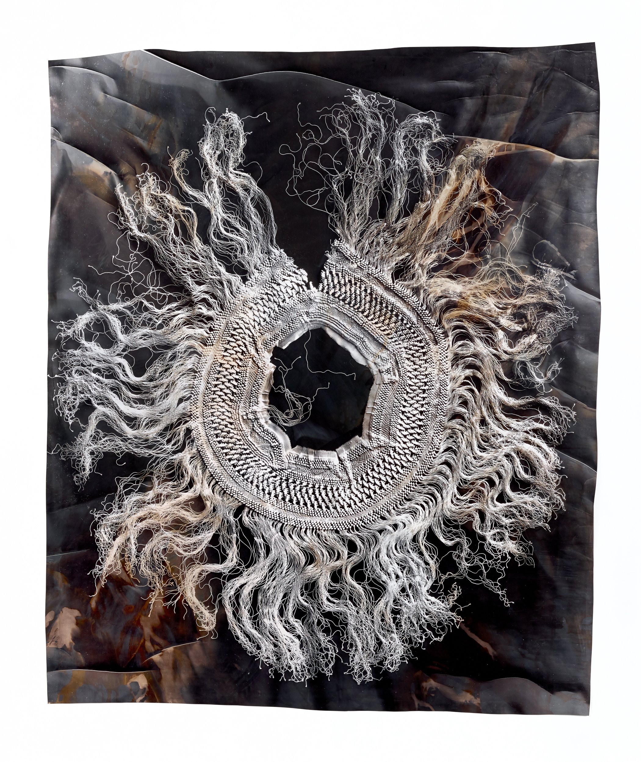   Ouroboros 2,  2018   Photographic relief (embossed silver gelatin photogram, selenium and sepia toned) Impression of a salvaged fringe of a silk piano shawl or Manton de Manila (Spain, 1890s) 50 x 41 in 