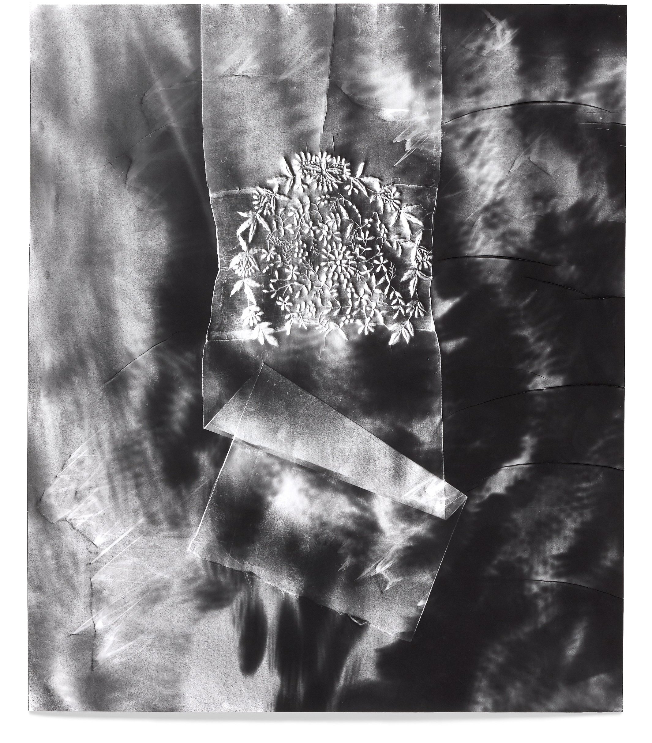   Life Hours 1,  2018 Photographic relief (embossed silver gelatin photogram) Impression of hand-embroidered sheer muslin skirt fragment (England, 1830s) 24 x 20 in 