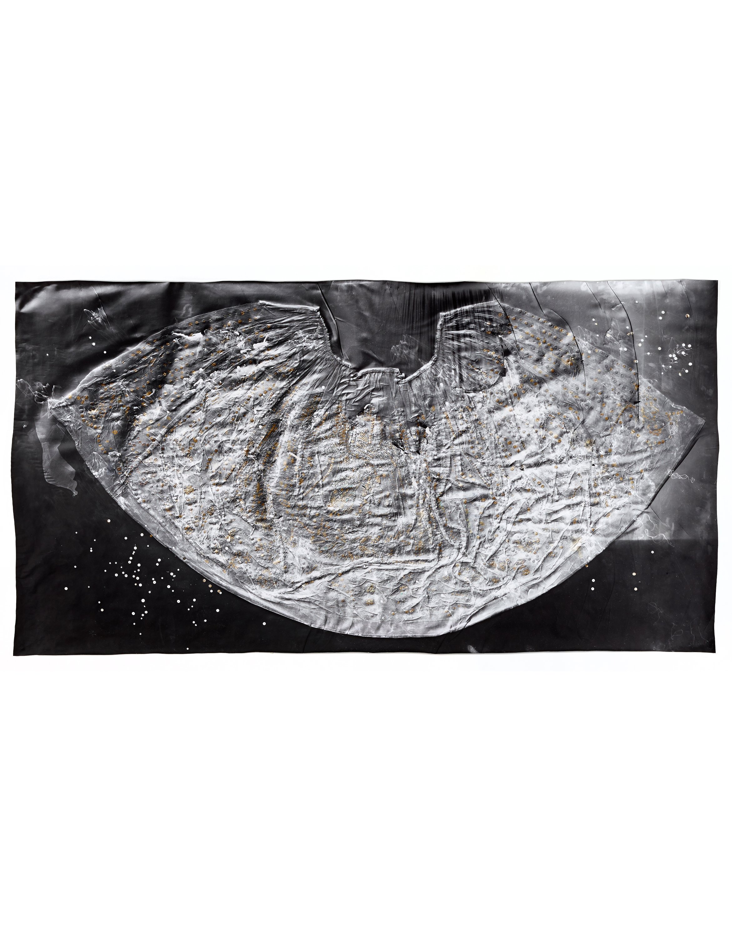   La China Poblana 1,  2018 Photographic relief (embossed silver gelatin photogram, sepia toned) Impression of handmade skirt, heavily sequined with eagle and snake emblem (Mexico, made in 1920s, altered in 1940s) 42 x 78 in 