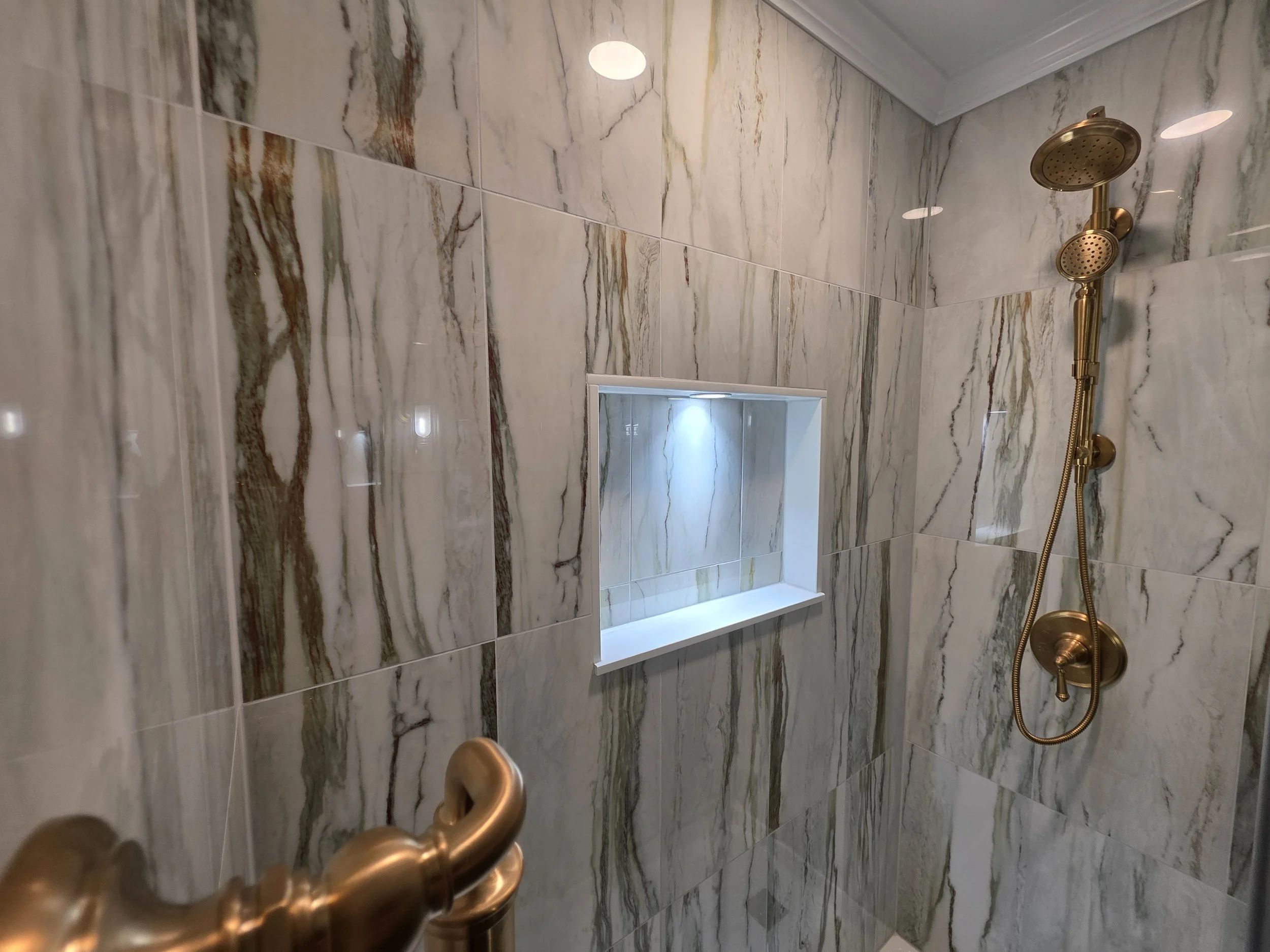 Lighted shower niche and handheld fixture.