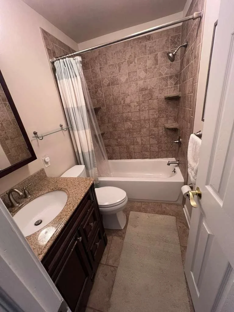 Before renovation: the original hallway bathroom with a wood vanity and darker tub-surround tile.