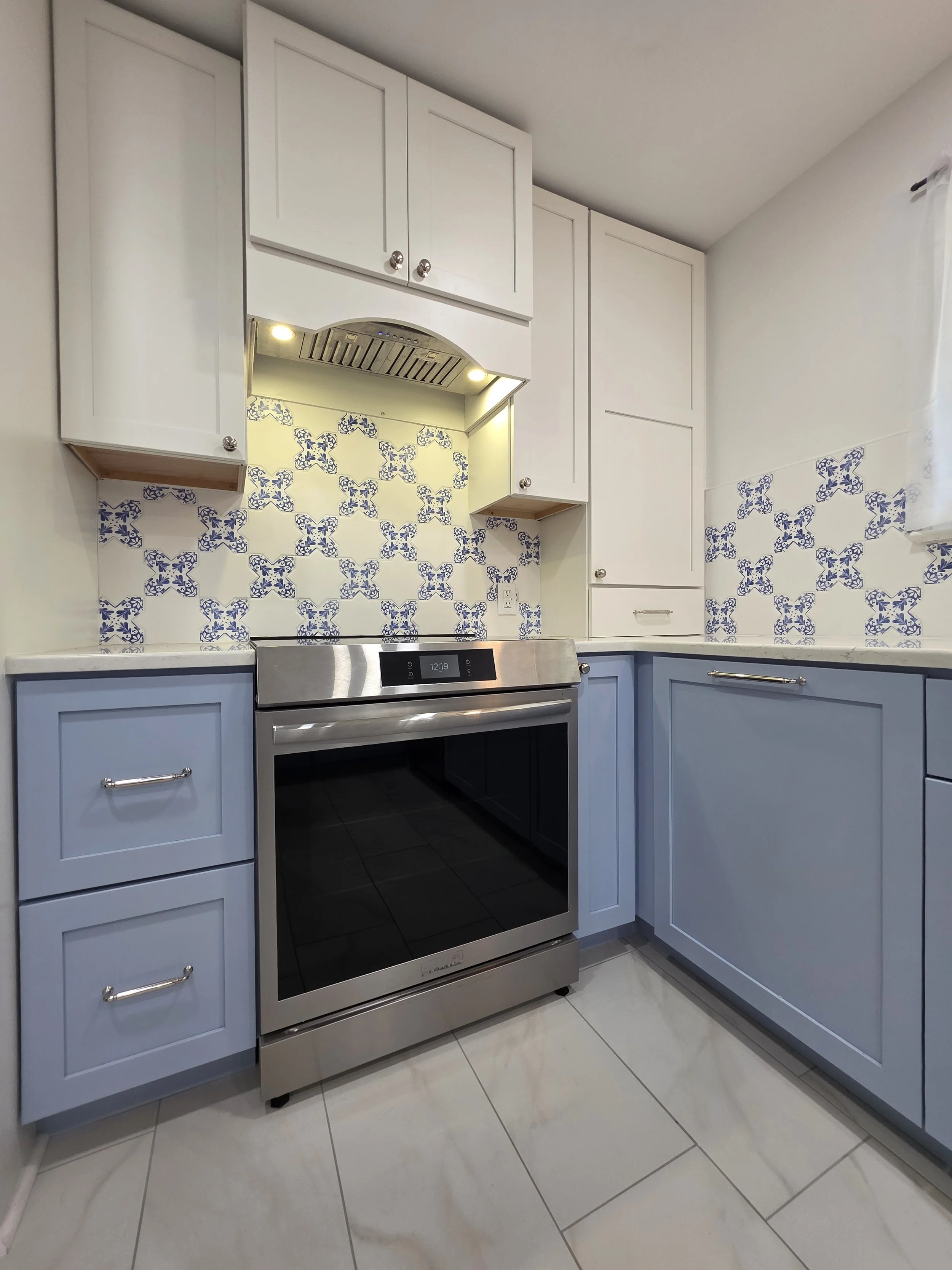 Range and stainless hood against patterned backsplash.