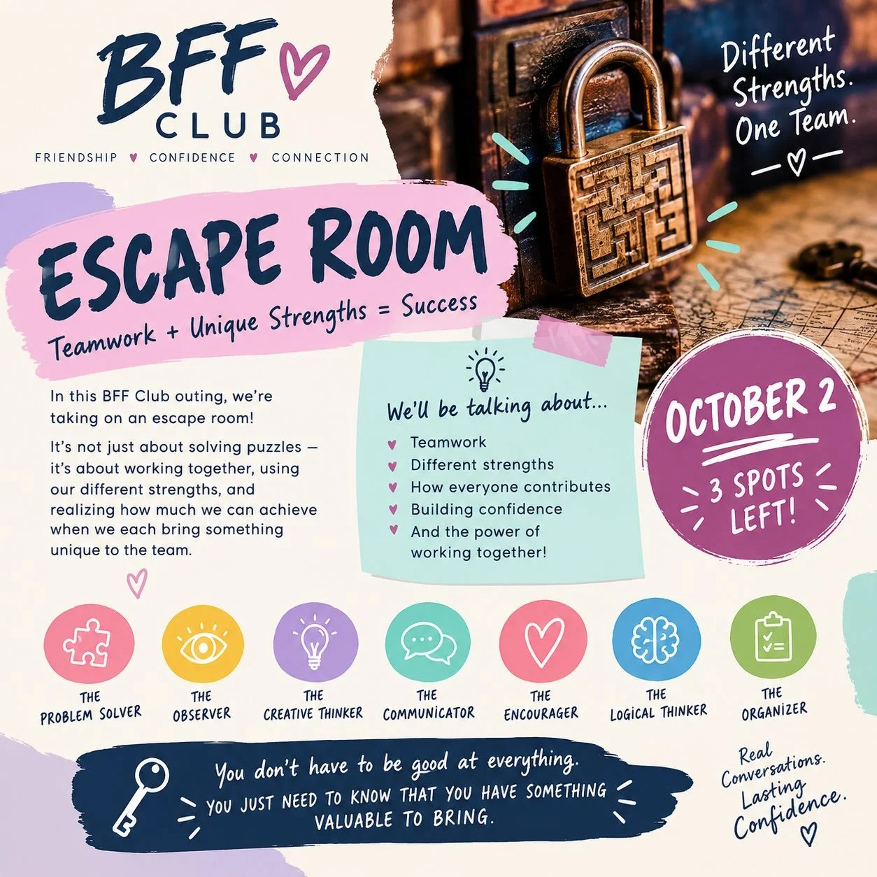 This one is going to be fun 🤩 

We have 3 spots left, who wants their daughter to joins us!!!! 

We&rsquo;ll be going through all things teamwork and leaning into our unique skills! Come and join!