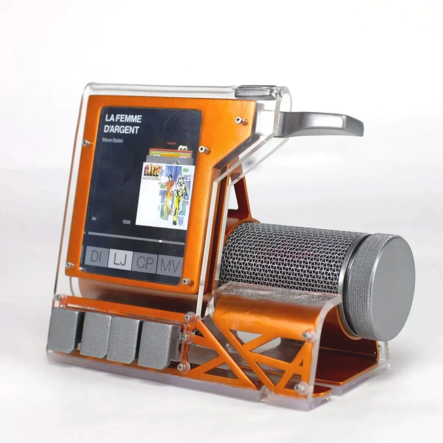 A digital music player with a transparent orange casing, a screen displaying album art and song options, and a built-in microphone, against a plain white background.